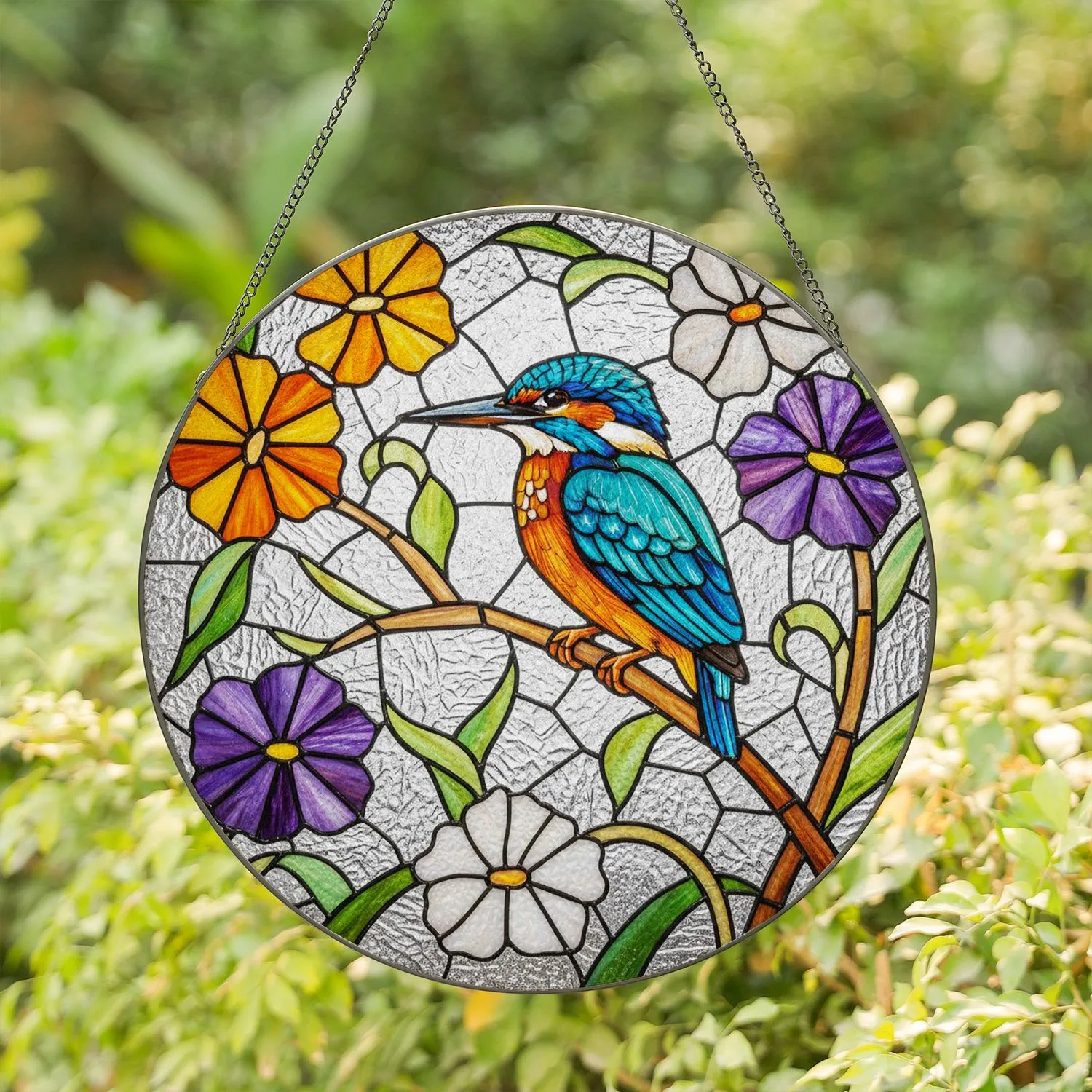 Highly Detailed Kingfisher Stained Glass Orange Purple Flowers Tiffany Mosaic Home Decor Stained Glass Suncatcher - 1