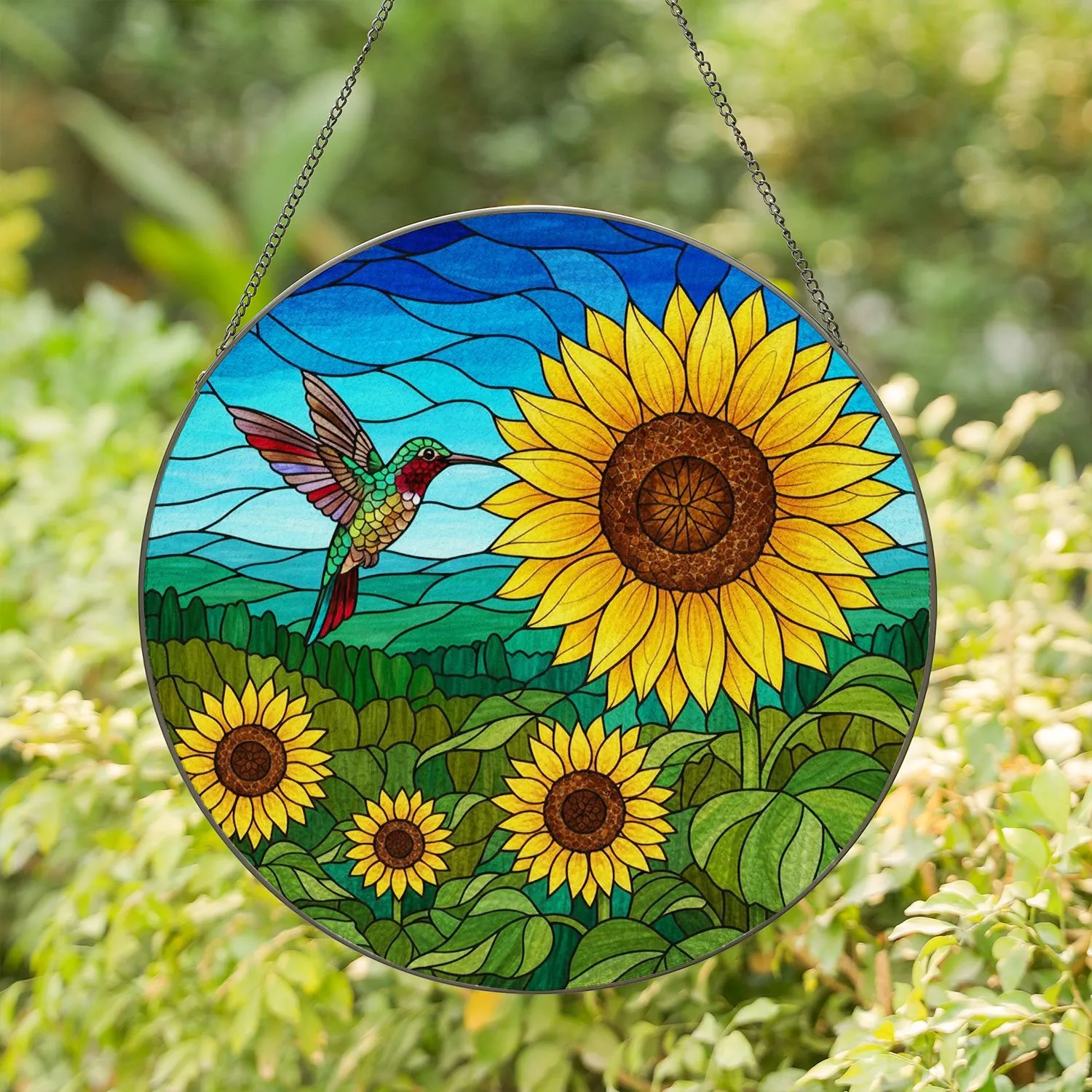 Sunflower Hummingbird Tiffany Stained Glass Glowing Translucent Jewel Tones Landscape Stained Glass Suncatcher - 1