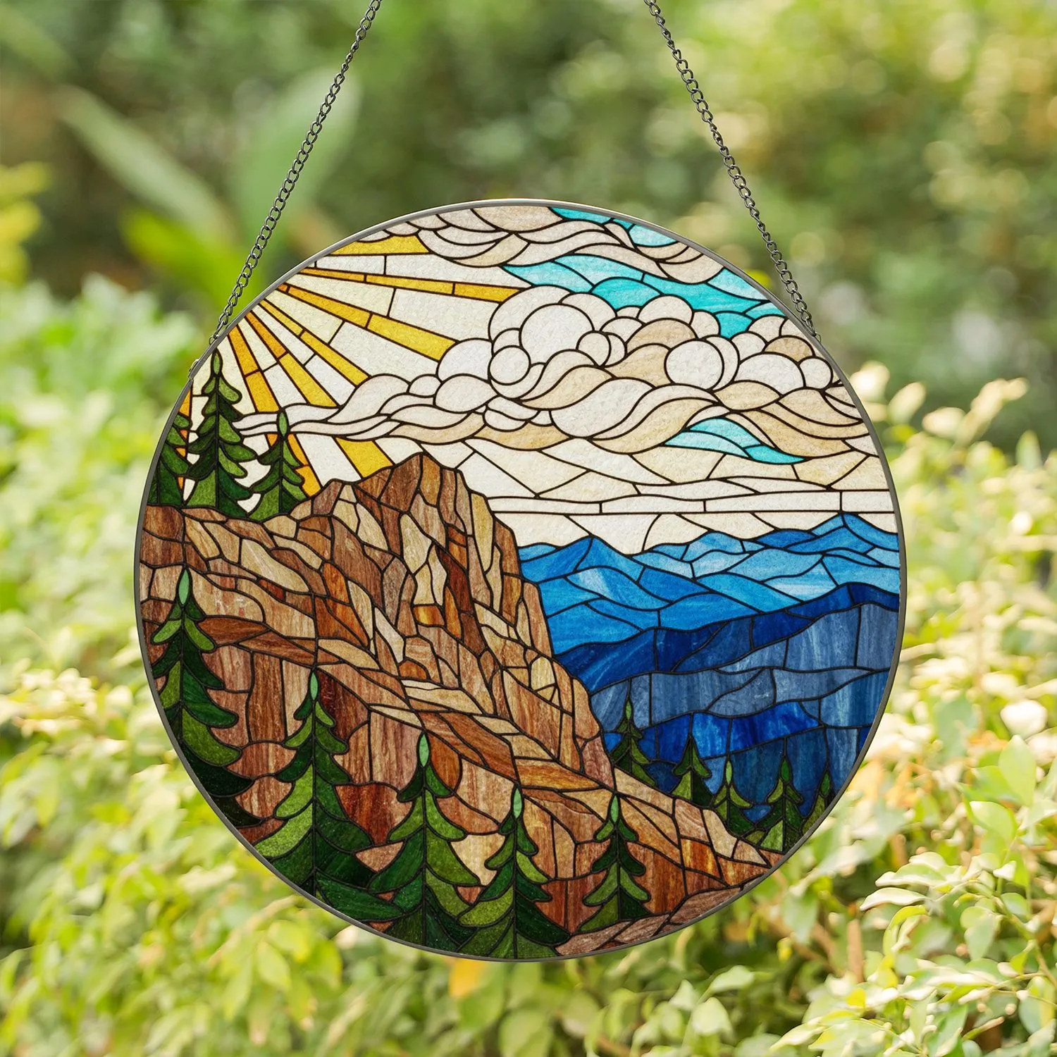 Rugged Rock Cliff Mountain Pine Trees Sun - Tiffany Style Stained Glass Jewel Tone Art Stained Glass Suncatcher - 1