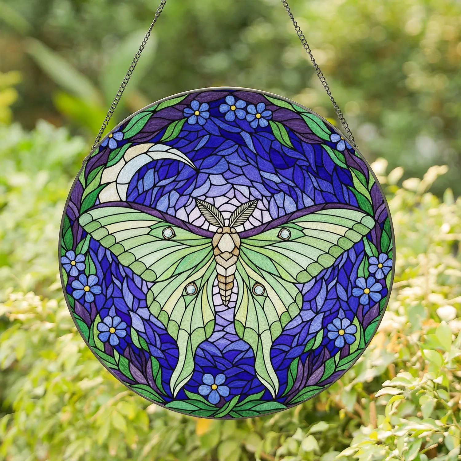 Luna Moth Stained Glass Tiffany Jewel Tone Art - Crescent Moon Twilight Night Sky Foliage Stained Glass Suncatcher - 1
