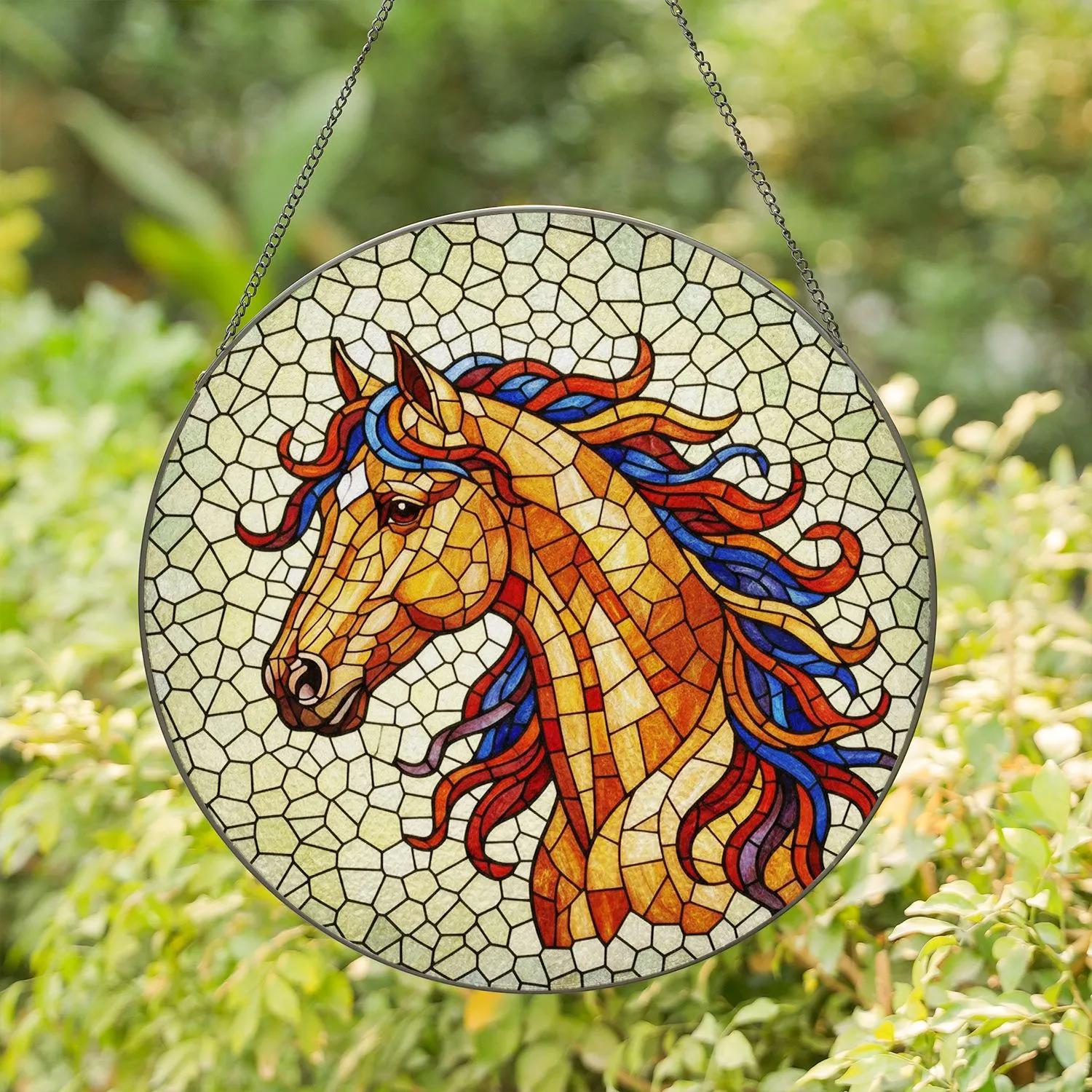 Colorful Tiffany Stained Glass Horse Head Art - Majestic Equine Mosaic with Jewel Tones Stained Glass Suncatcher - 1