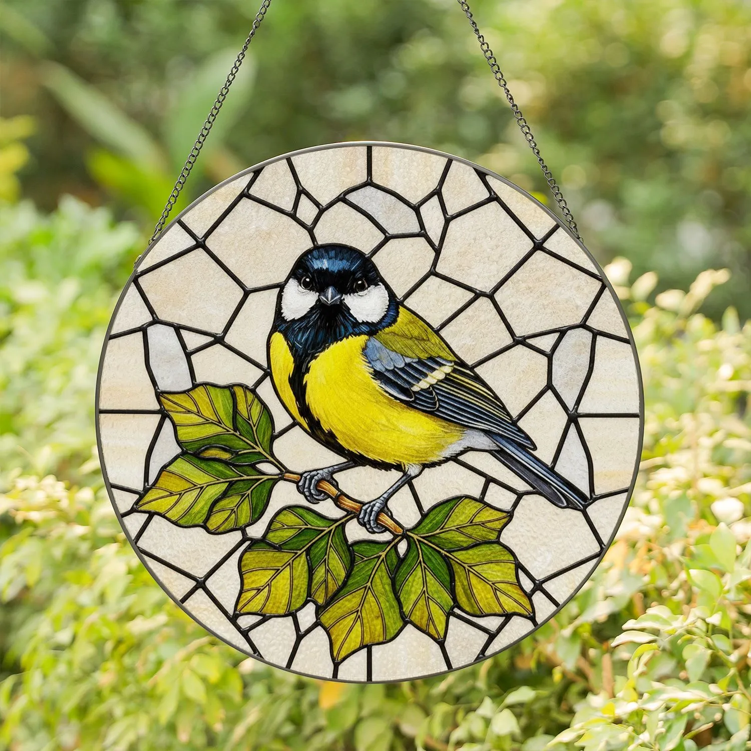 Great Tit Bird Stained Glass Tiffany Style Art - Yellow Belly Green Leaf Mosaic Detailed Stained Glass Suncatcher - 1