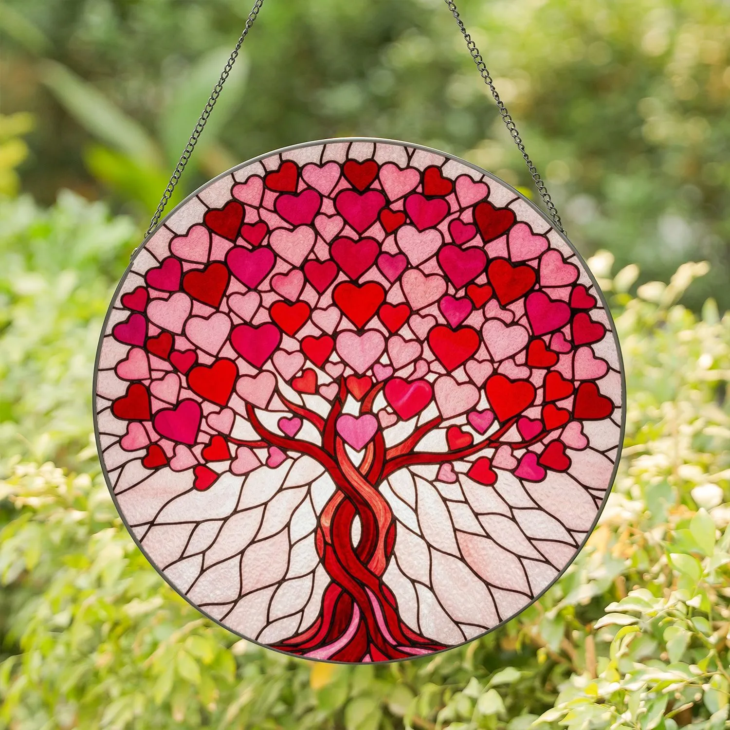 Stained Glass Heart Tree Tiffany Style Frosted Glass Mosaic Ruby Red Magenta Pink Stained Glass Suncatcher - 1