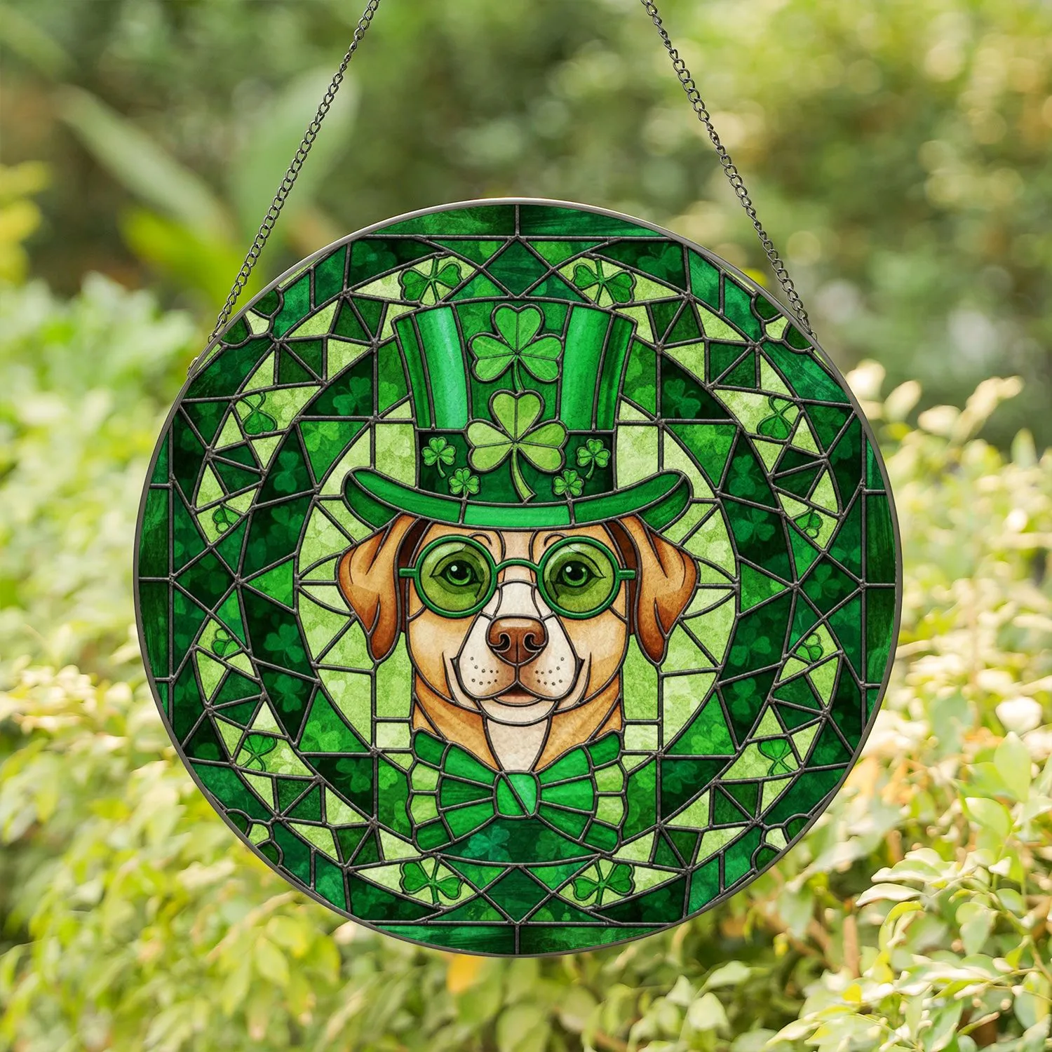 Tiffany Style Stained Glass Tan Dog Green Top Hat Shamrock - St. Patrick's Day Gift Stained Glass Suncatcher - 1