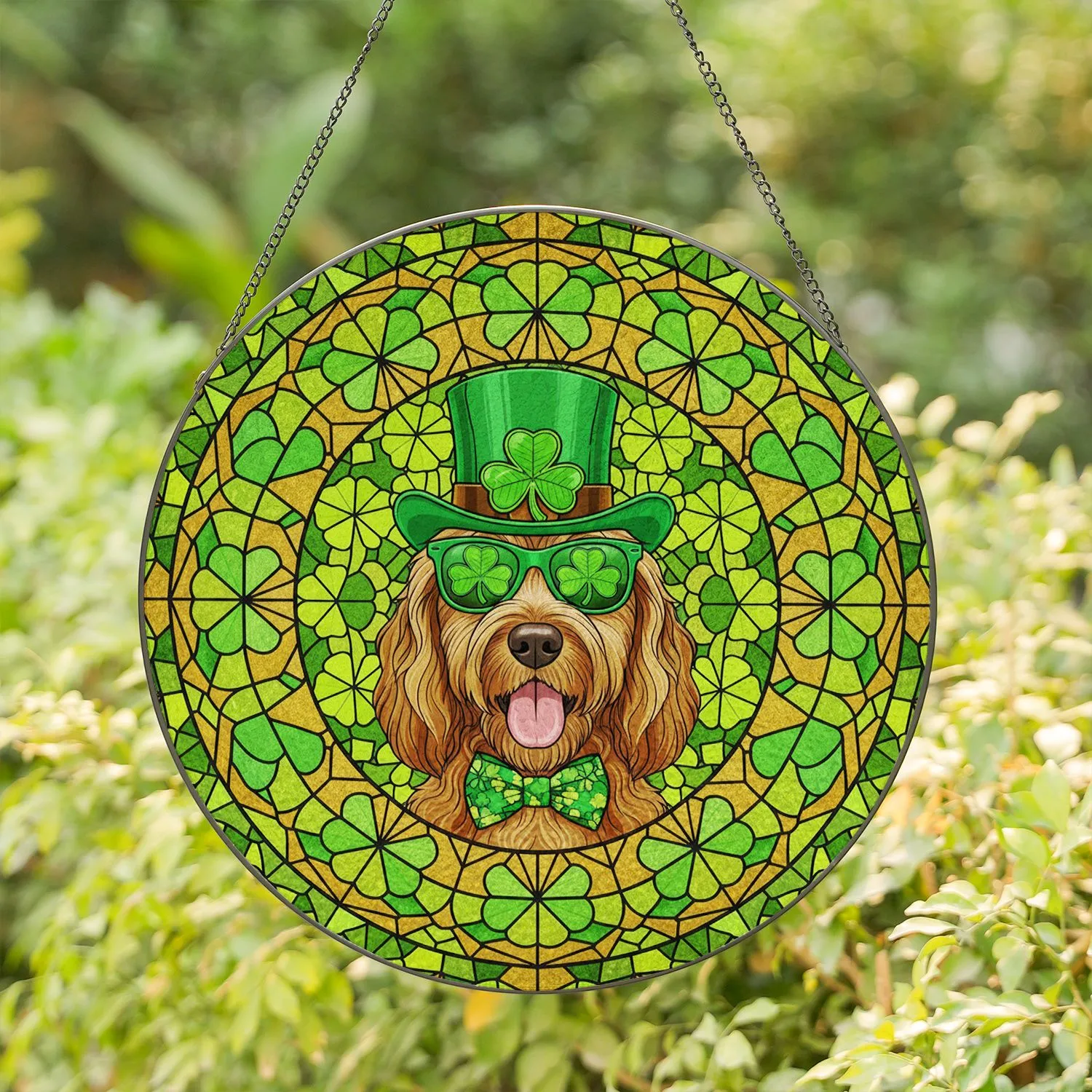 Brown Shaggy Dog Leprechaun Hat Four-Leaf Clover St. Patrick's Day Irish Celebration Stained Glass Suncatcher - 1