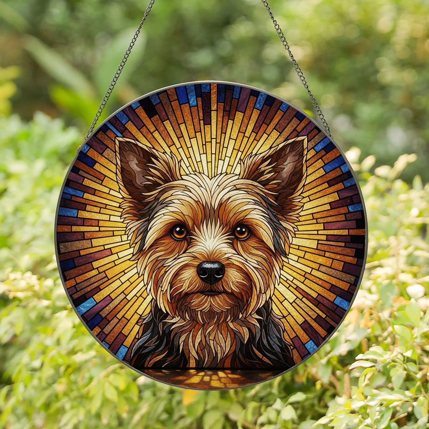 Fluffy Yorkshire Terrier Dog Head Stained Glass Mosaic - Tiffany Style Jewel Tone Home Decor Stained Glass Suncatcher - 1