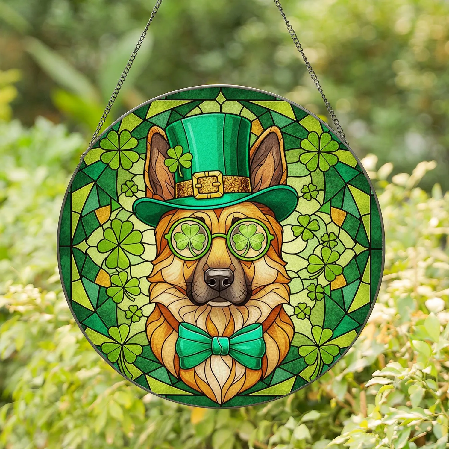 German Shepherd Dog Leprechaun Hat Four Leaf Clover Tiffany Style - St. Patrick's Day Dog Lover Gift Stained Glass Suncatcher - 1