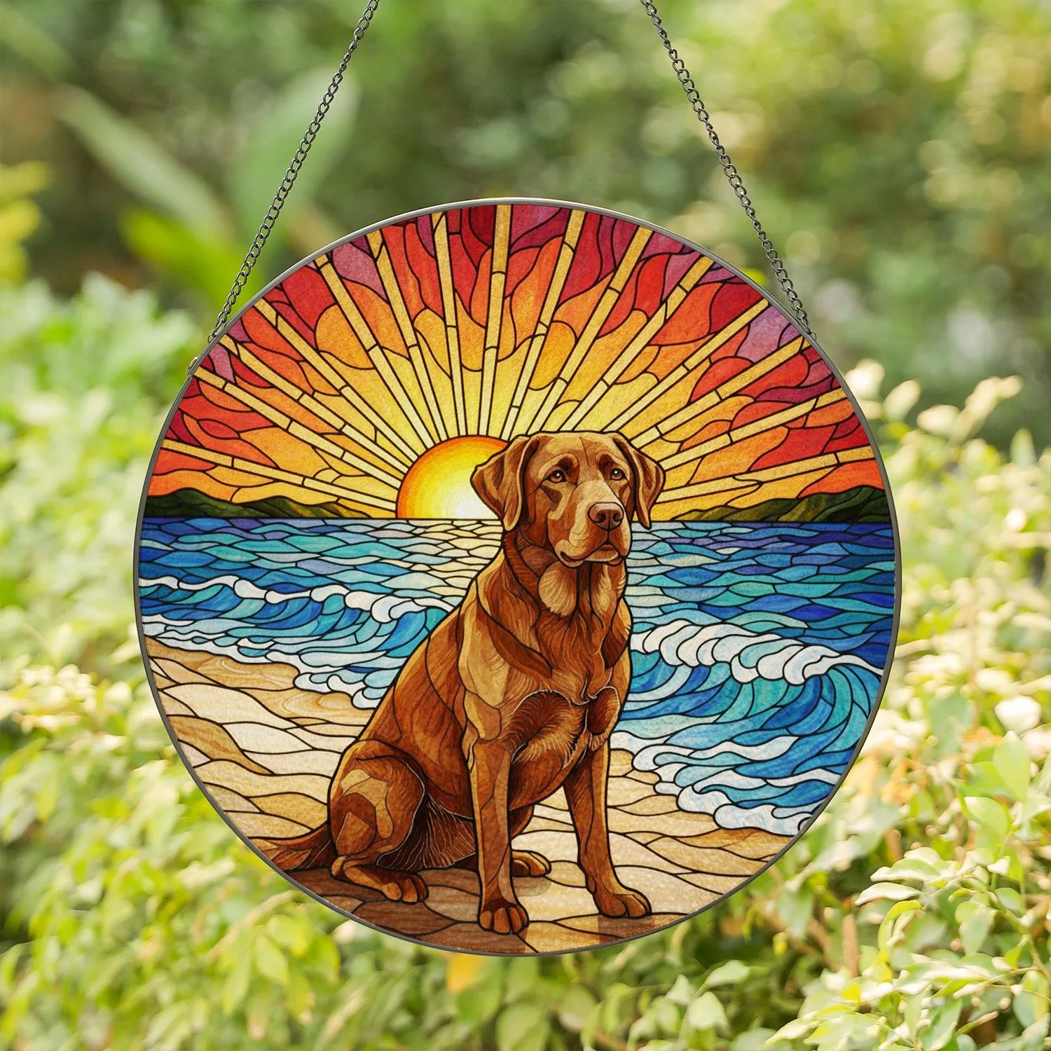 Chocolate Labrador Retriever Beach Ocean Sunset Stained Glass Artwork Decor Gift Stained Glass Suncatcher - 1