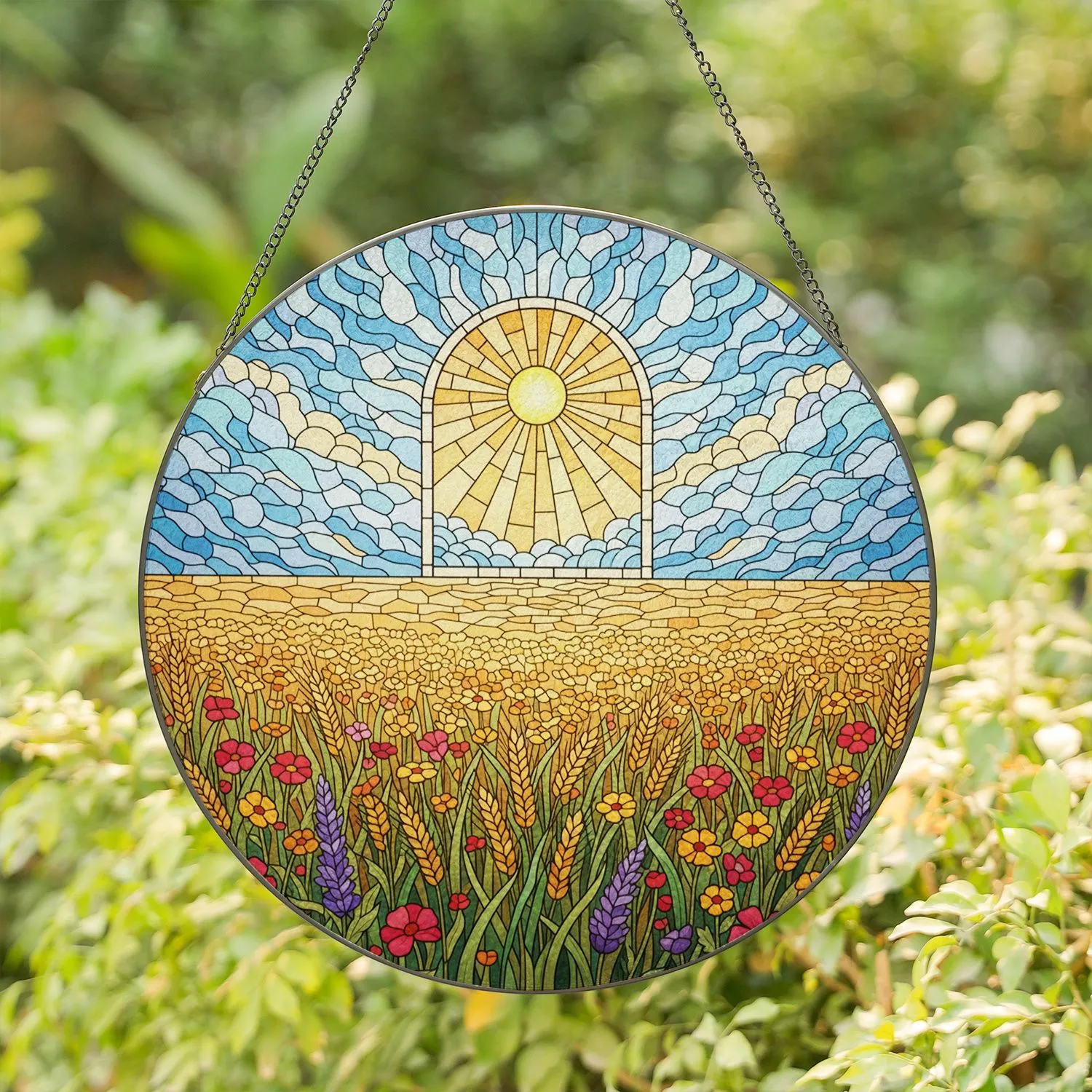 Tiffany Stained Glass Radiant Sun Arched Window - Wildflower Wheat Fields Sky Mosaic Stained Glass Suncatcher - 1