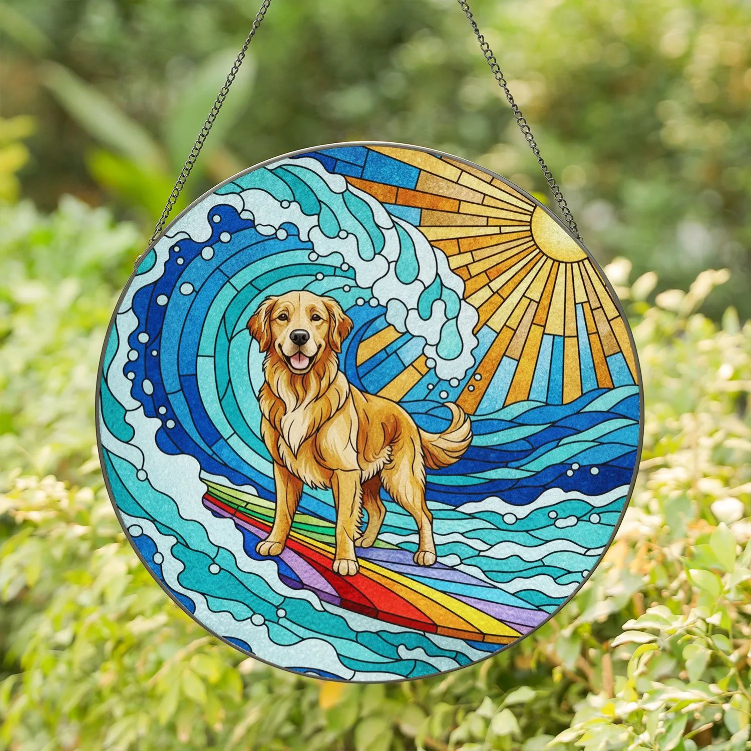 Golden Retriever Surfing Dog Rainbow Surfboard Ocean Wave Stained Glass Sun Art Stained Glass Suncatcher - 1