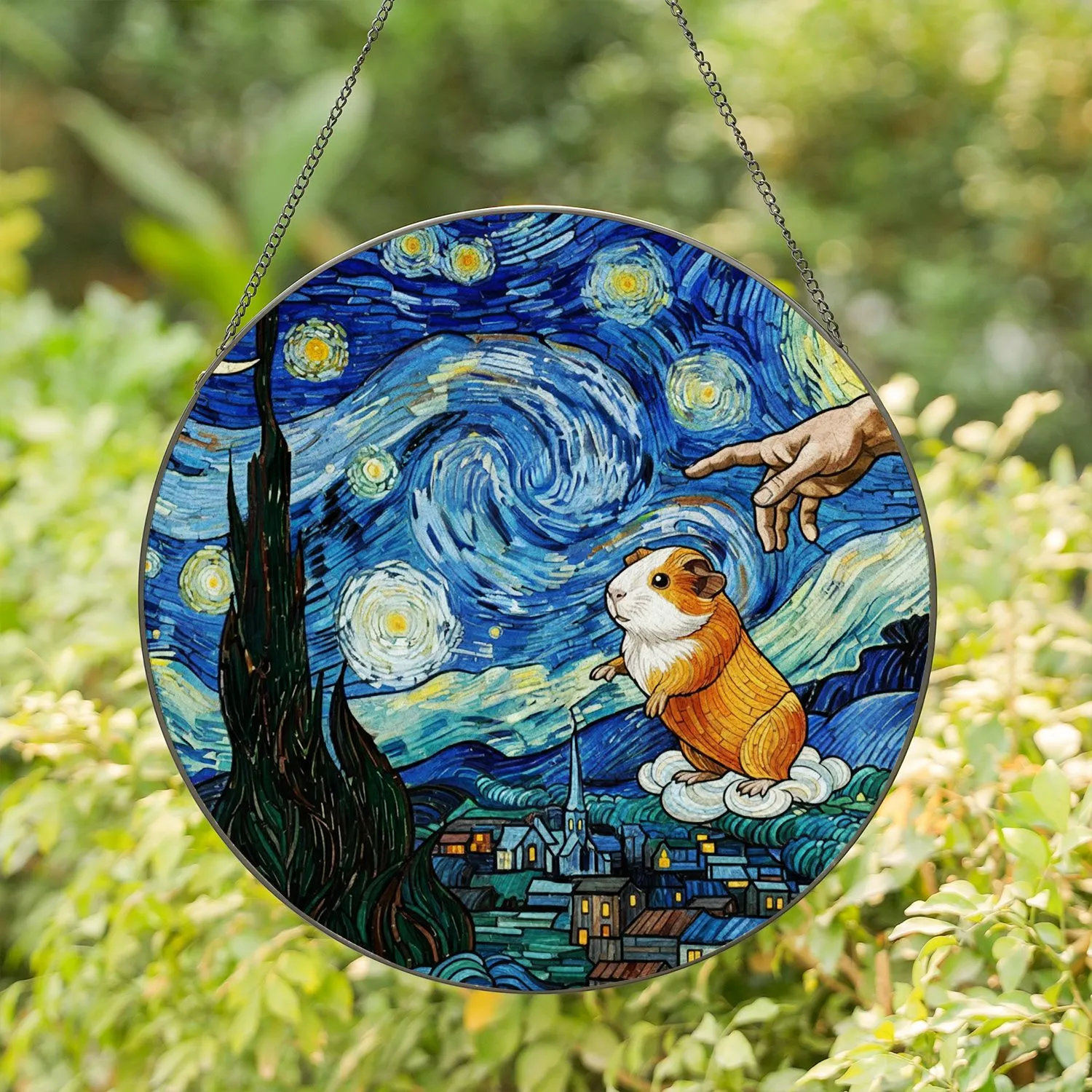 Guinea Pig Creation Human Hand Starry Night Cypress Tree Moon Tiffany Glass Art Stained Glass Suncatcher - 1