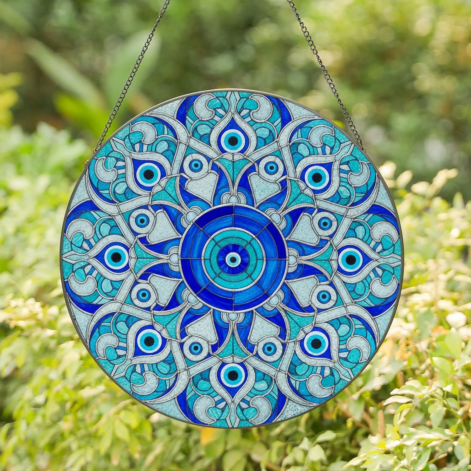 Evil Eye Nazar Stained Glass Mandala Amulet - Ornate Blue Aqua Tiffany Style Protection Charm Stained Glass Suncatcher - 1