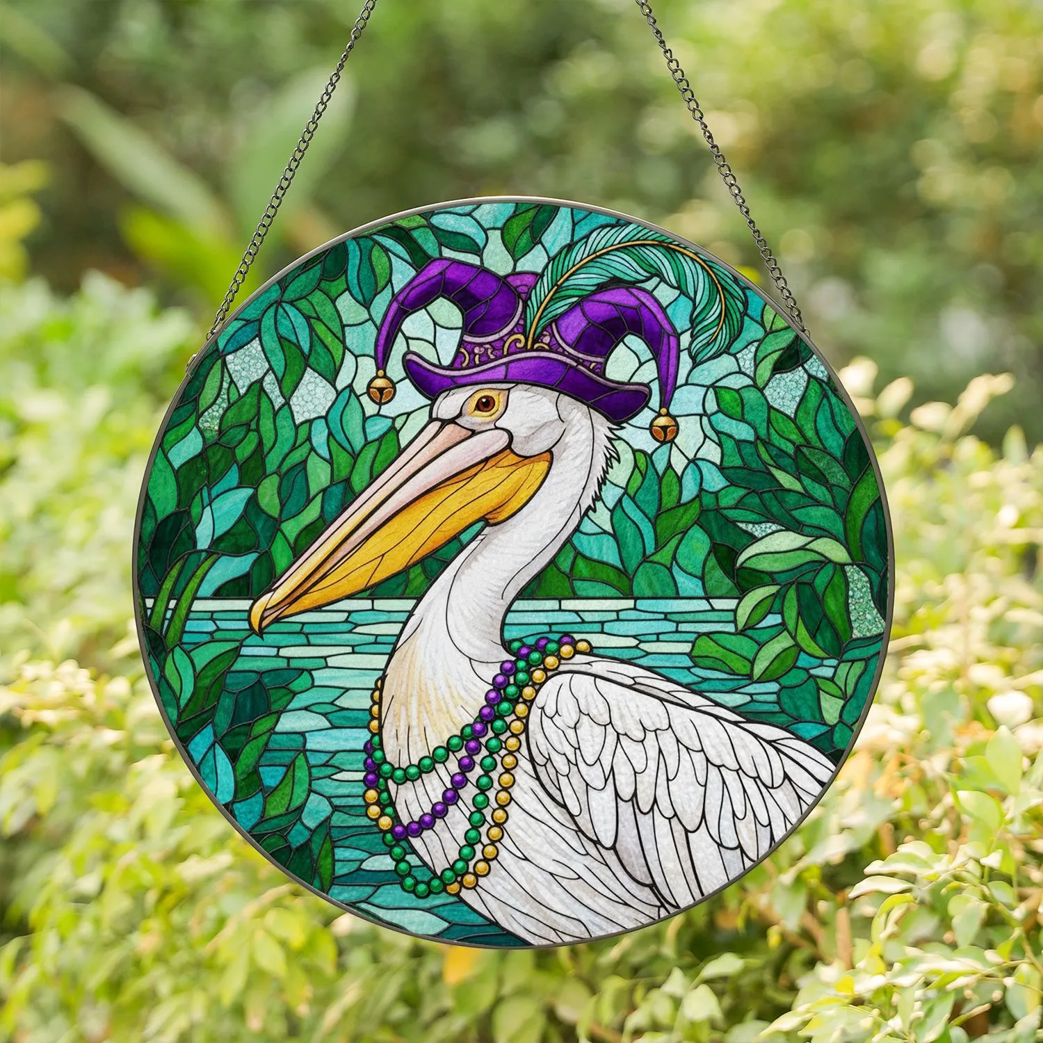 White Pelican Mardi Gras Jester Hat with Beads - Tiffany Style Translucent Glass Art Stained Glass Suncatcher - 1