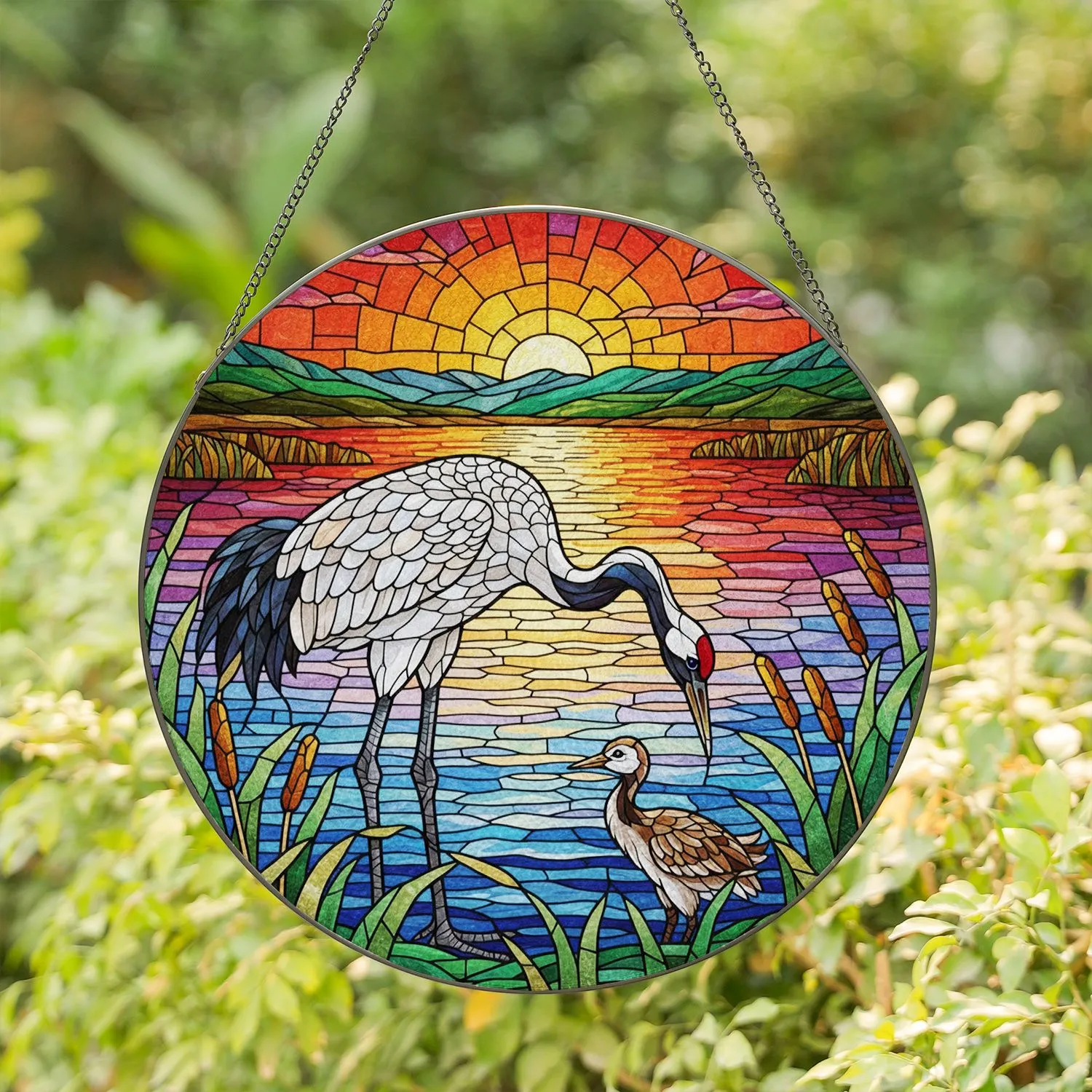 Adult Crane Baby Crane Stained Glass Mosaic - Wetland Sunset Nature Art Decor Gift Stained Glass Suncatcher - 1