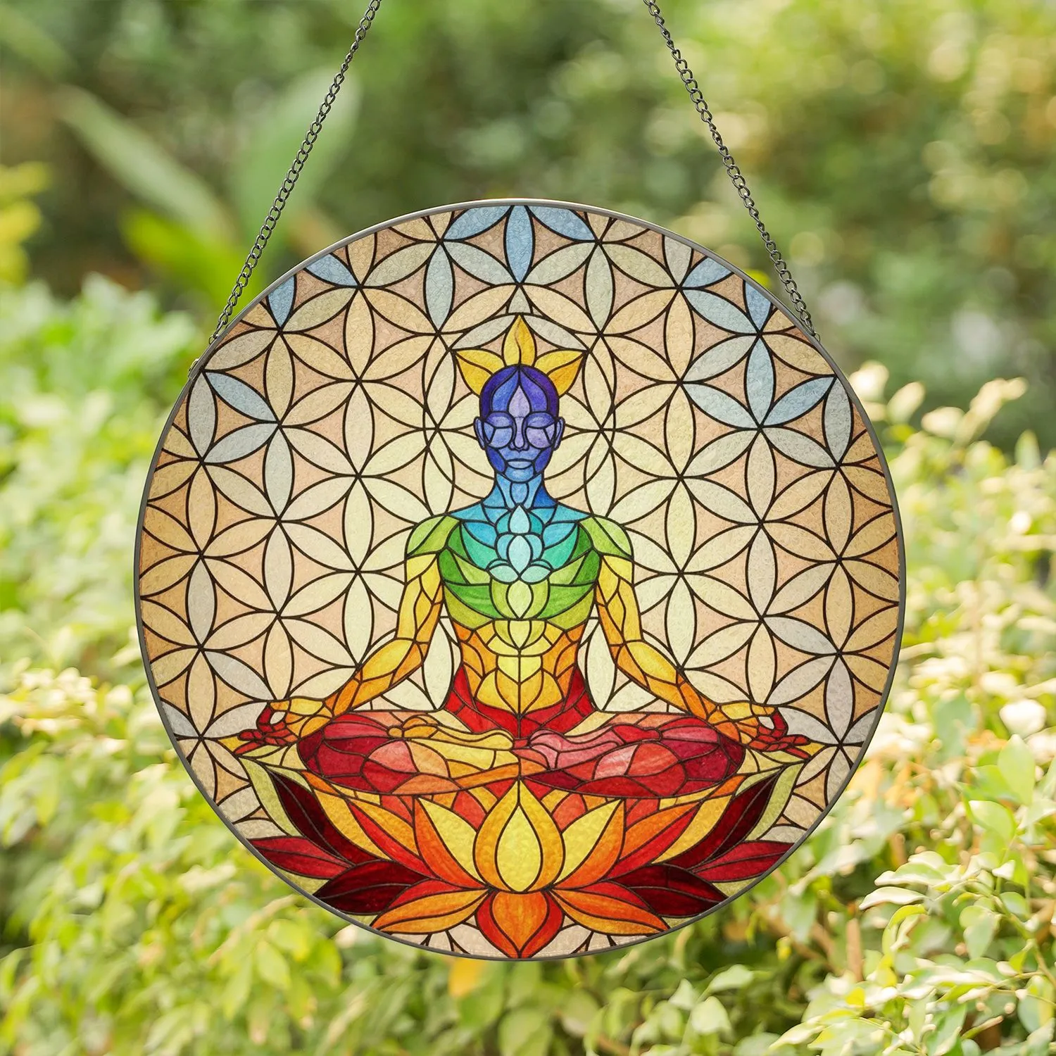 Glowing Stained Glass Meditating Chakra Figure, Lotus Flower of Life Jewel Tone Art Stained Glass Suncatcher - 1
