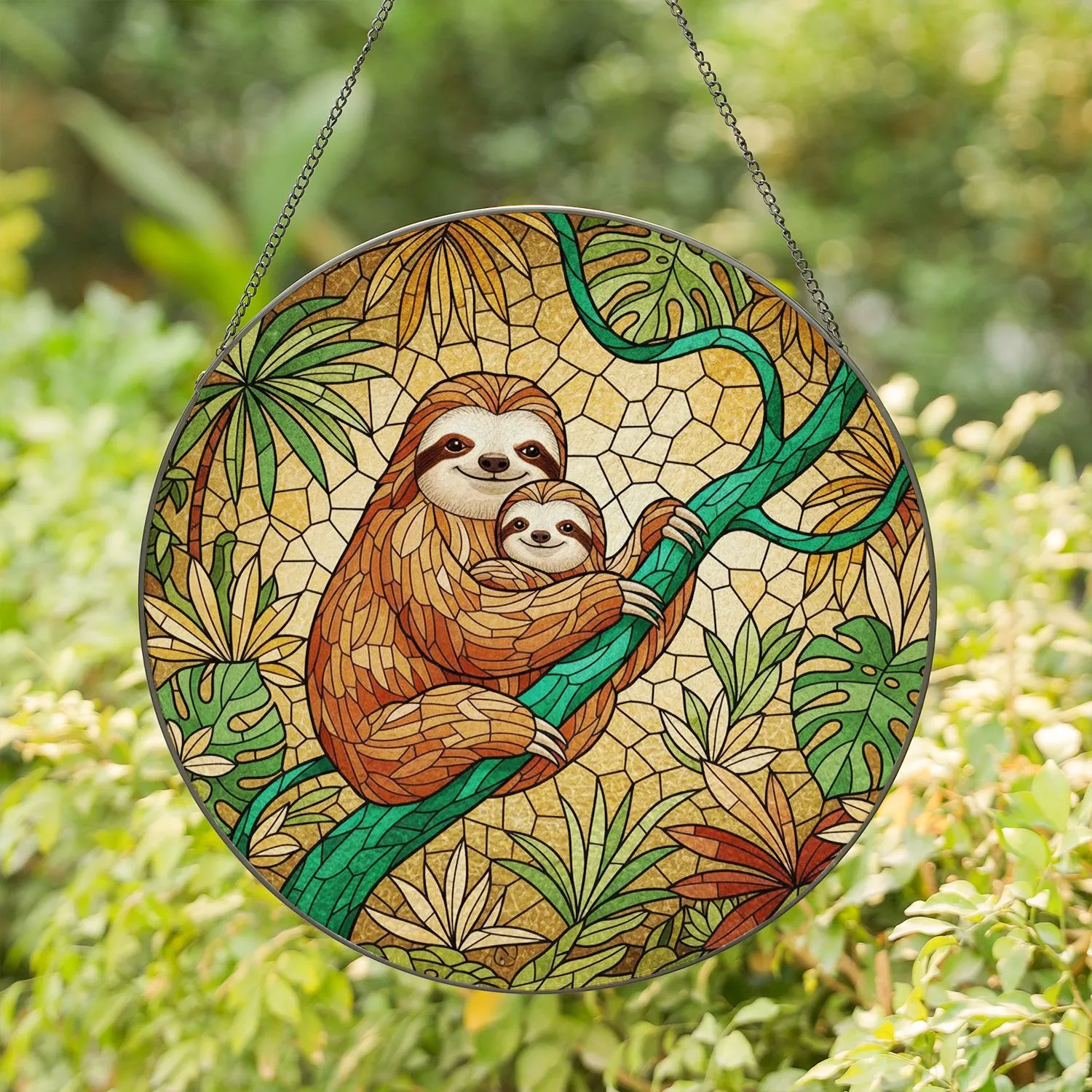 Adult & Baby Sloth Cuddle Stained Glass Tropical Vine Jungle Canopy Tiffany Art Stained Glass Suncatcher - 1