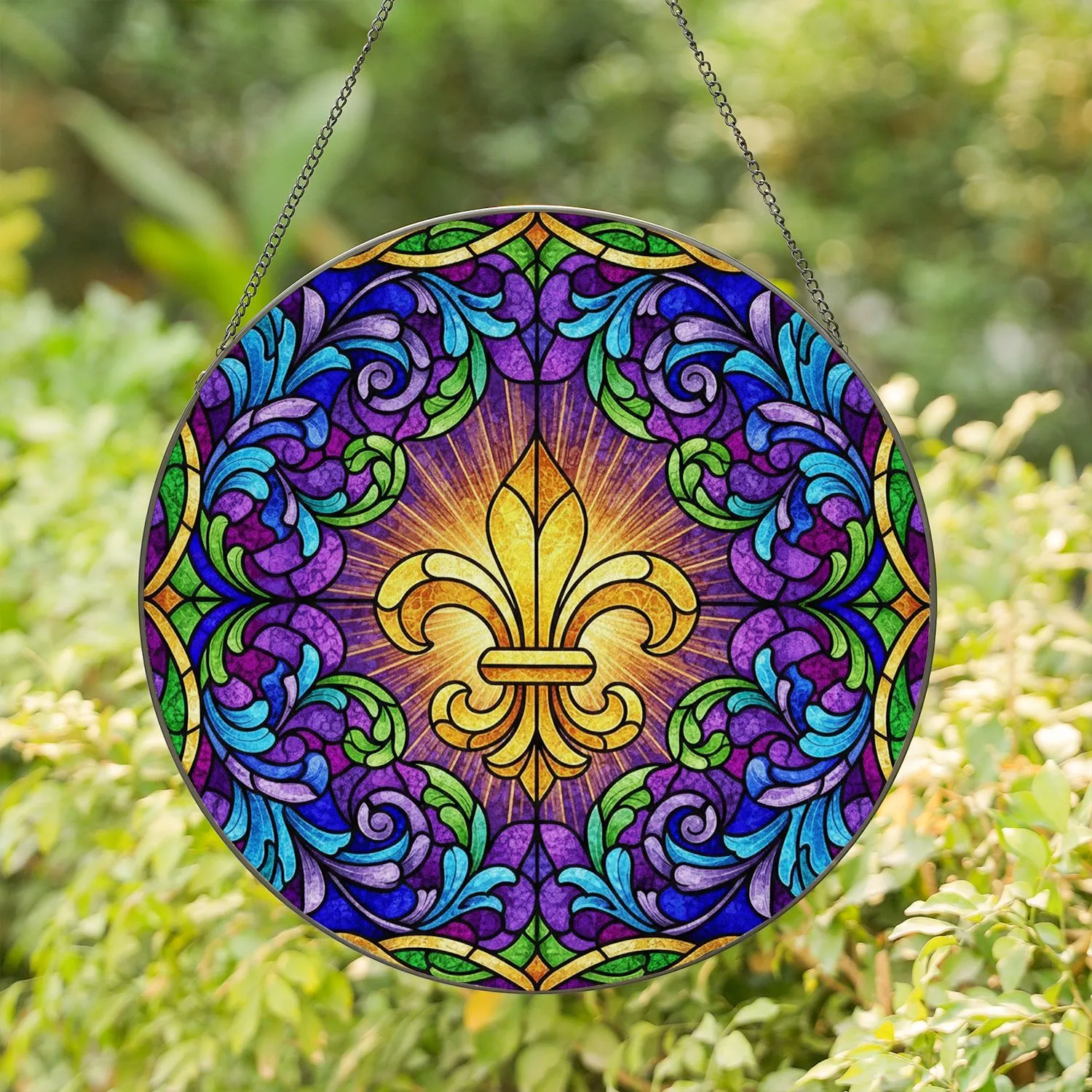 Golden Fleur-de-Lis Intricate Stained Glass Mosaic Art Purple Blue Green Decor Stained Glass Suncatcher - 1