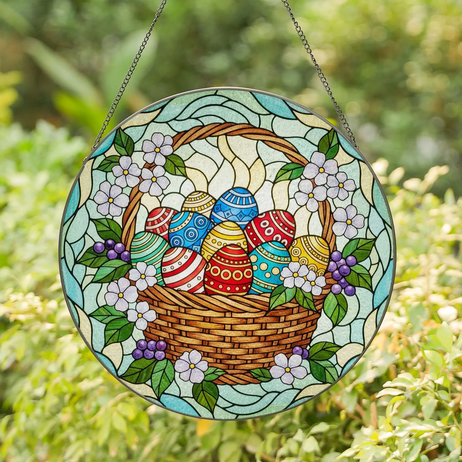 Tiffany Stained Glass Easter Eggs Basket Blossoms Foliage Mosaic - Spring Decor Stained Glass Suncatcher - 1