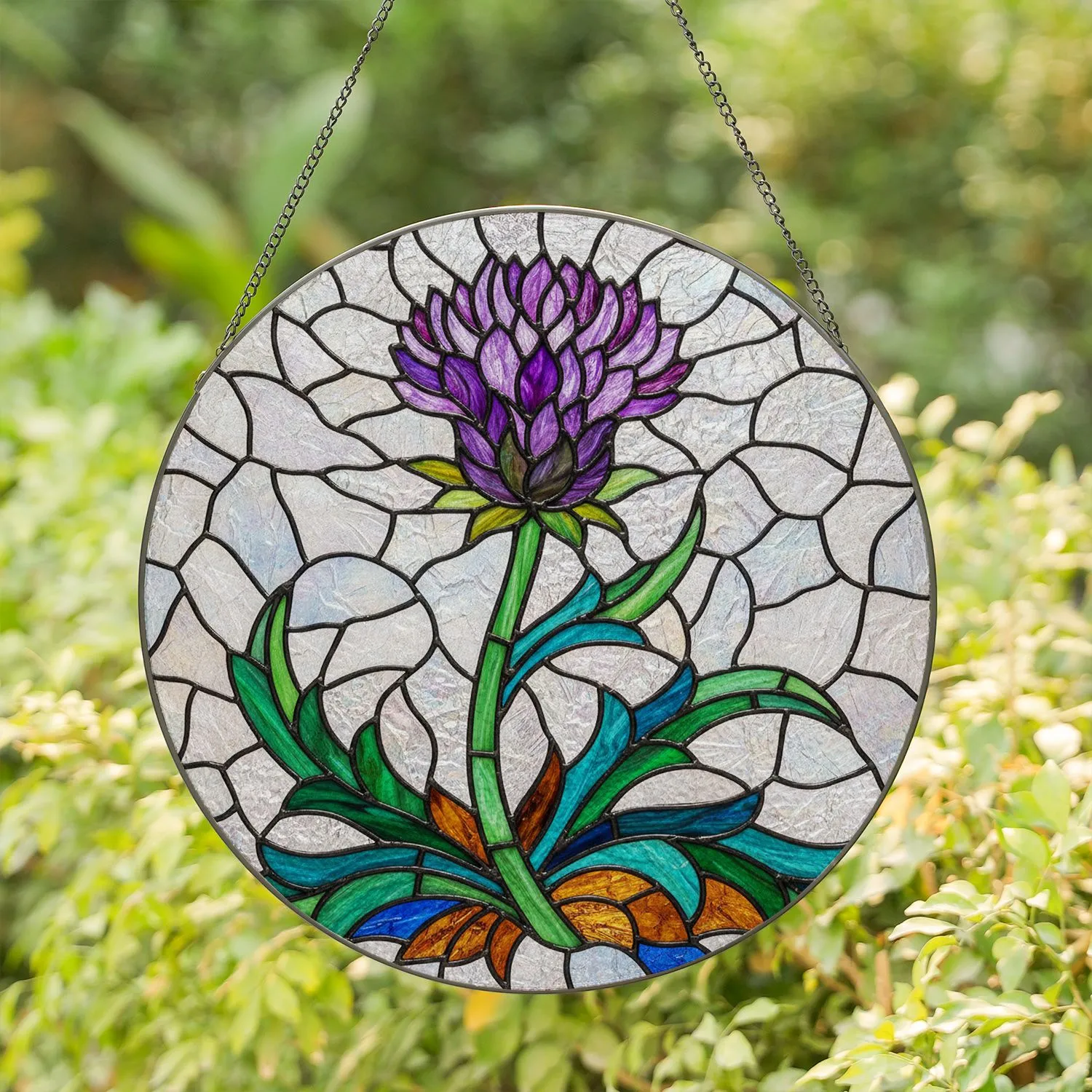 Purple Thistle Stained Glass Art - Tiffany Style Intricate Glowing Floral Mosaic Bloom Stained Glass Suncatcher - 1