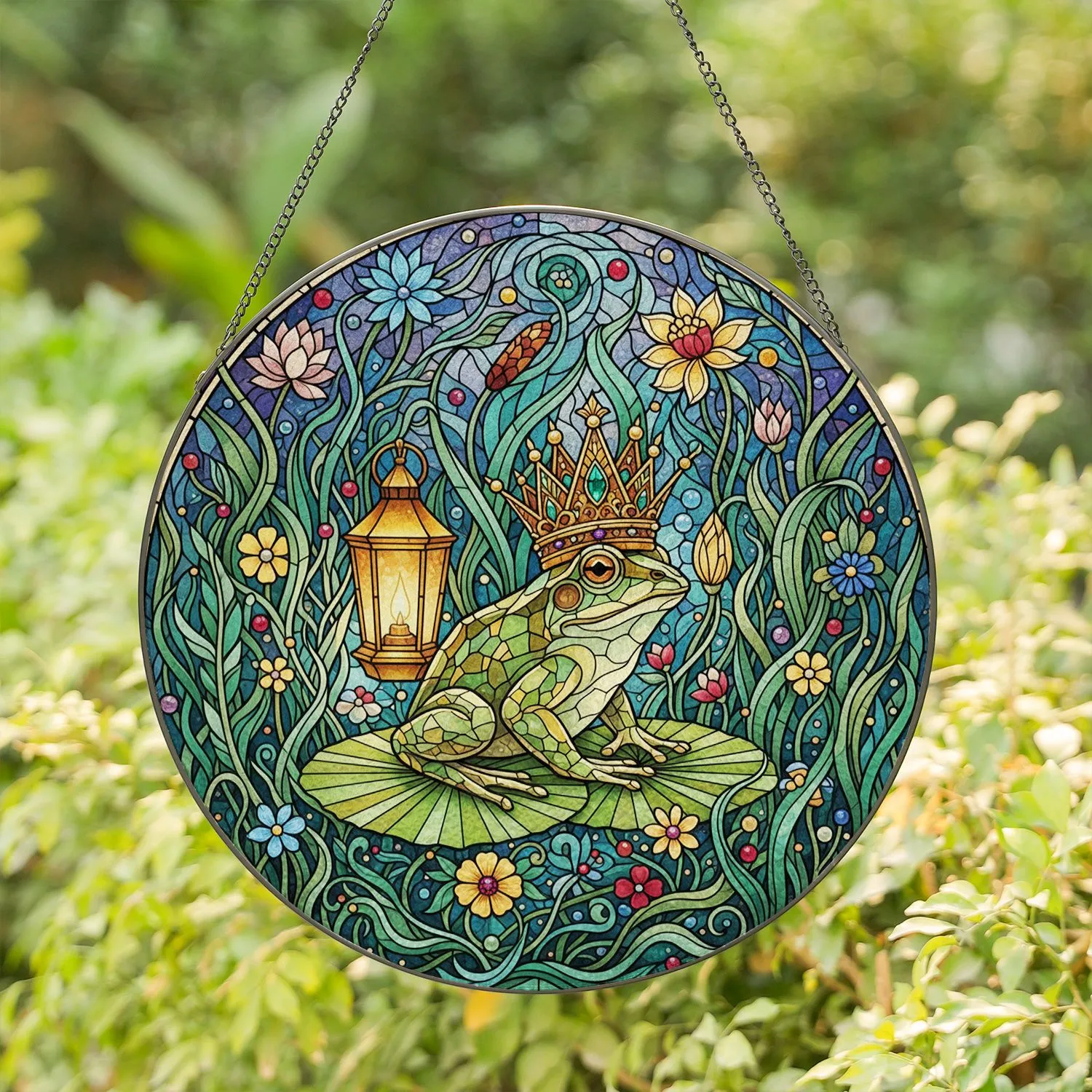 Regal Frog Golden Crown Lily Pad Pond Stained Glass Art - Tiffany Mosaic Jewel Tones Stained Glass Suncatcher - 1