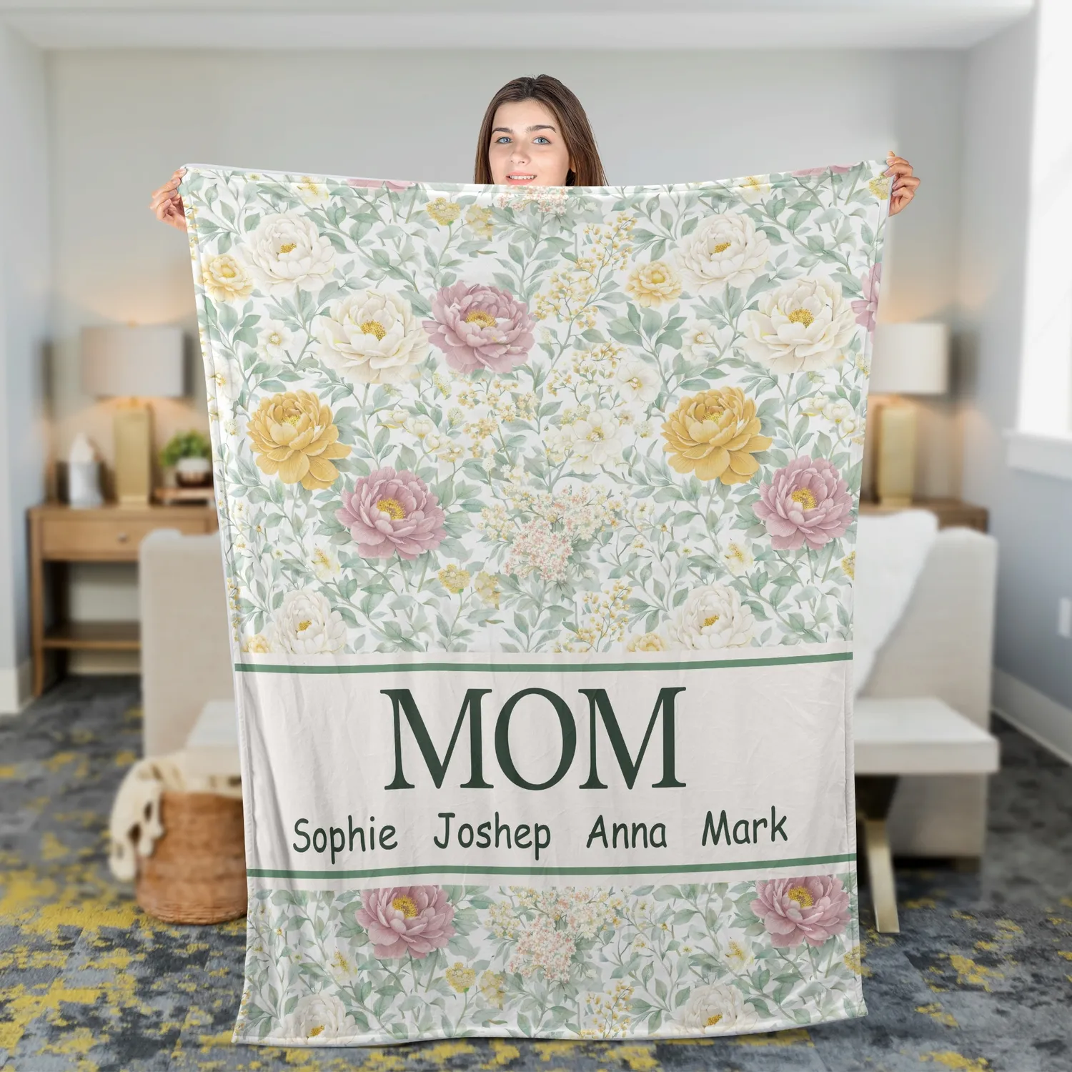 Personalized Floral Sherpa Fleece Blanket for Grandma or Mom, Kids Names, English Cottage Aesthetic, Custom Cozy Throw, Gift for Her, Family - 1