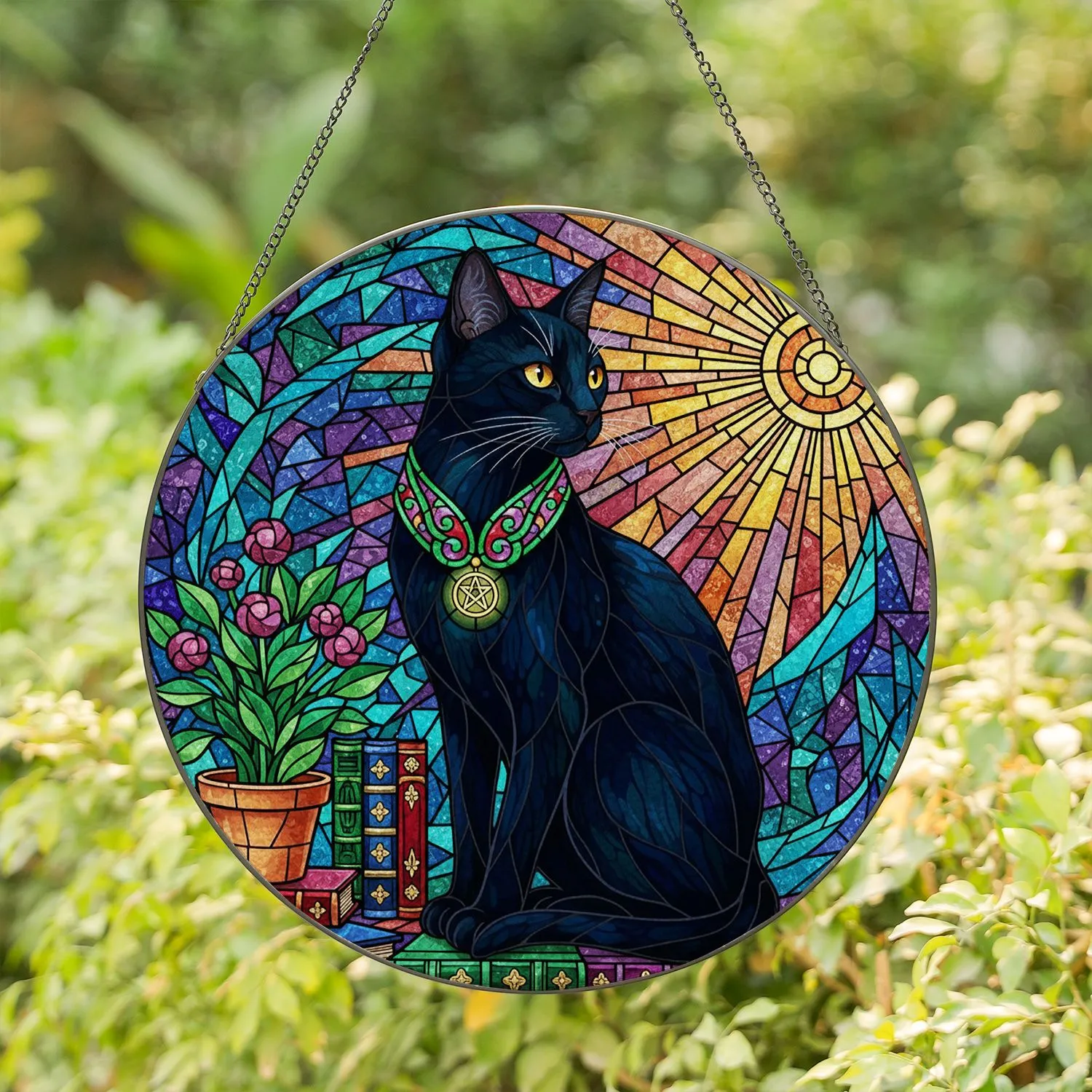 Black Cat Pentagram Stained Glass Window Art - Books Plant Mosaic Decor Cat Lover Gift Stained Glass Suncatcher - 1