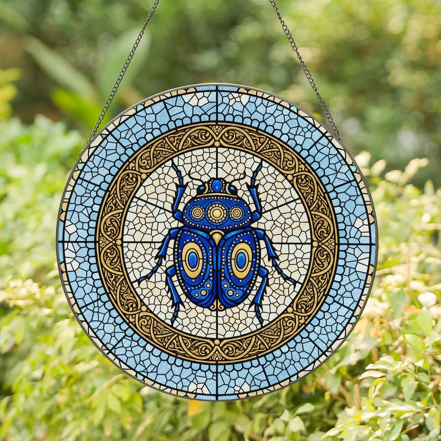 Stained Glass Scarab Beetle - Intricate Tiffany Mosaic Gold Filigree Art Window Stained Glass Suncatcher - 1
