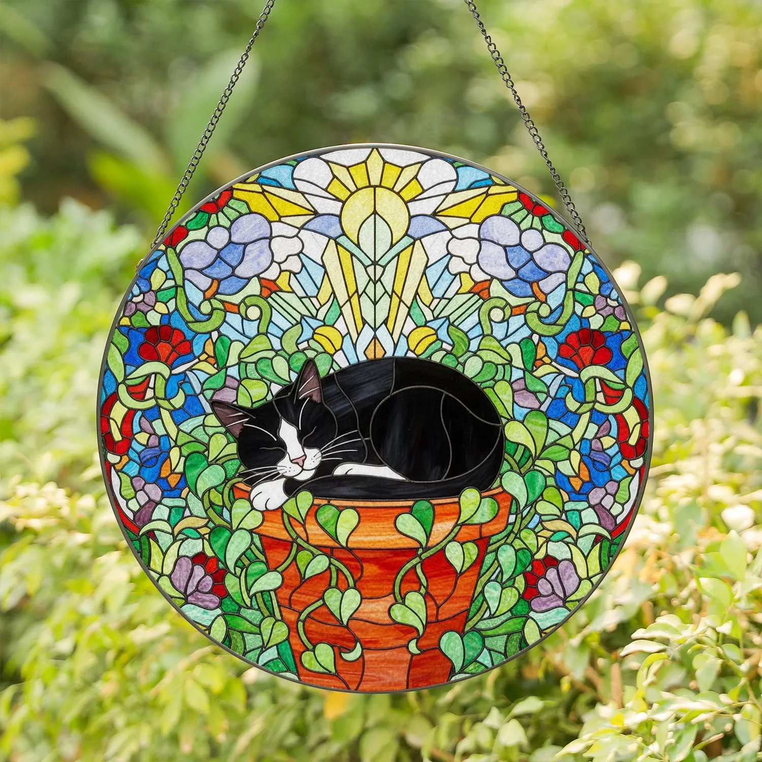 Sleeping Tuxedo Cat Plant Pot Stained Glass Pothos Vines Garden Mosaic Art Stained Glass Suncatcher - 1