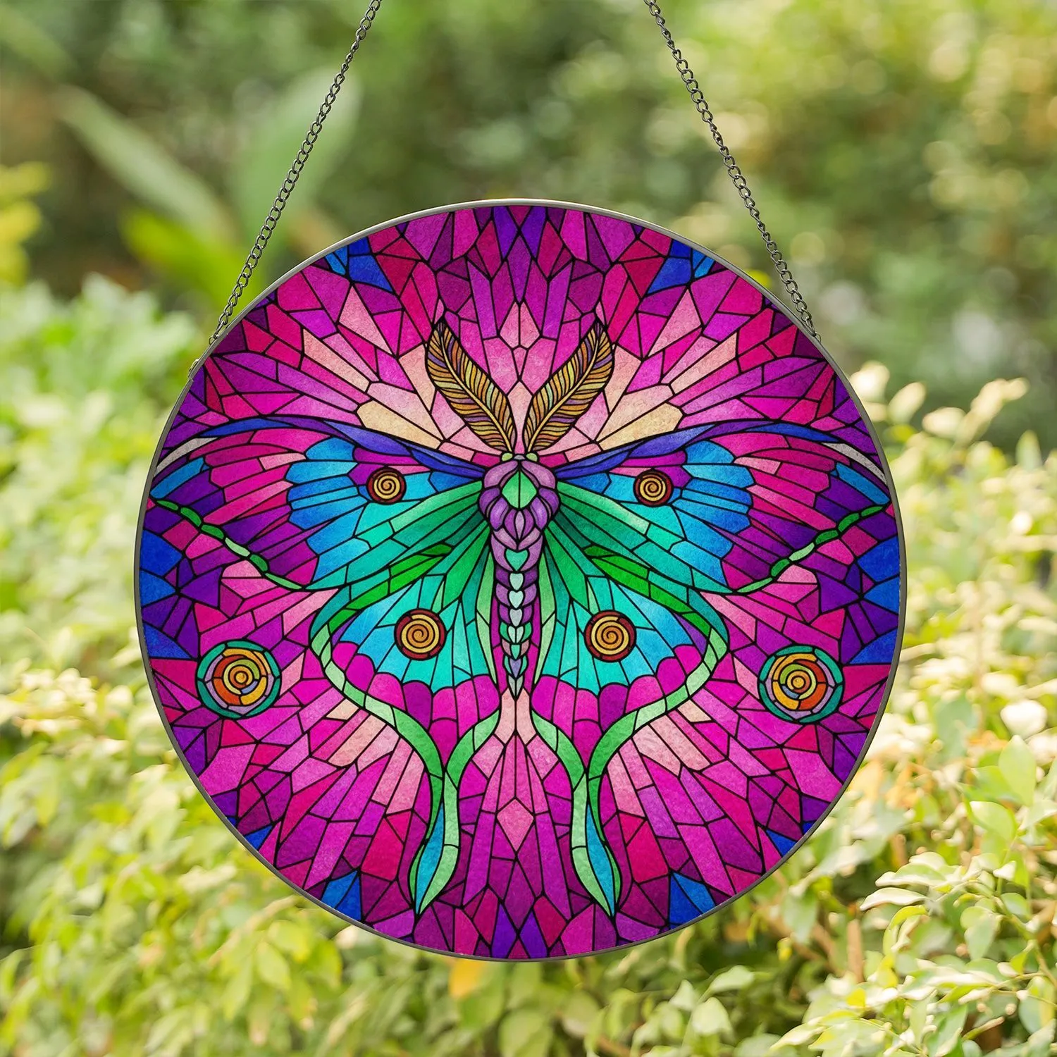 Luna Moth Stained Glass Tiffany Art Mosaic - Jewel Tone Geometric Wings Nature Gift Stained Glass Suncatcher - 1