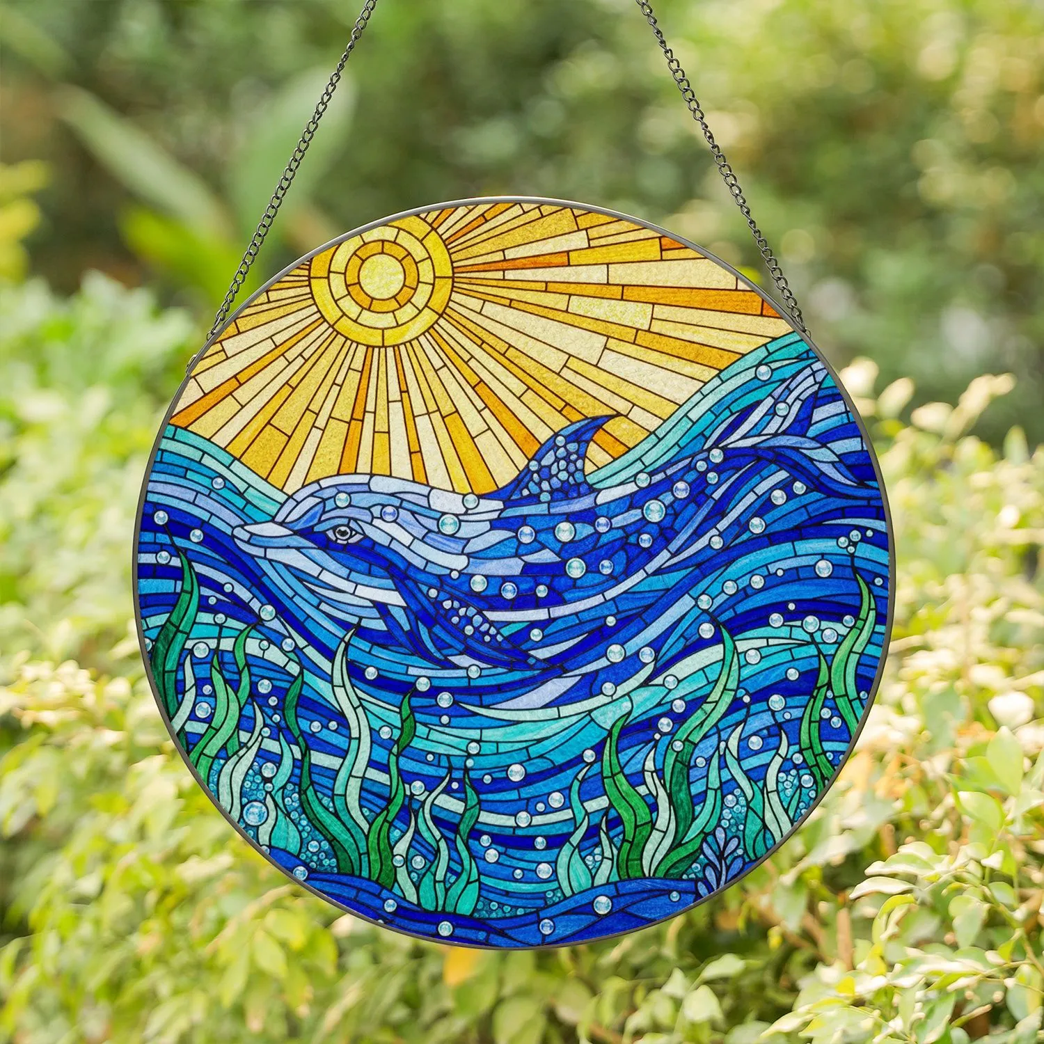 Jewel Tone Mosaic Dolphin Ocean Sun Tiffany Stained Glass Sea Waves Aquatic Plant Decor Stained Glass Suncatcher - 1