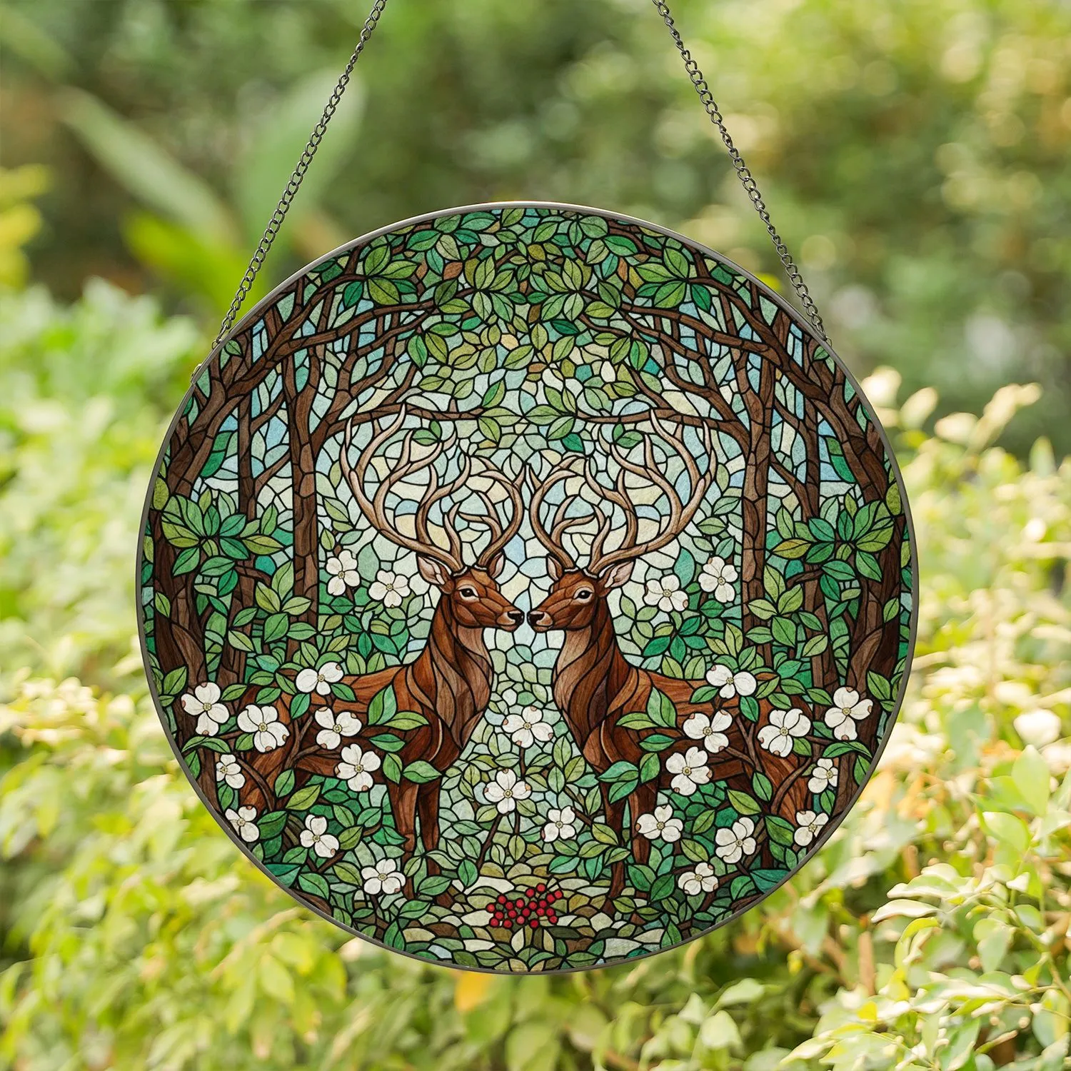 Stags Embrace Woodland Forest Mosaic - Tiffany Glass Intricate Jewel Tone Wildlife Artwork Stained Glass Suncatcher - 1