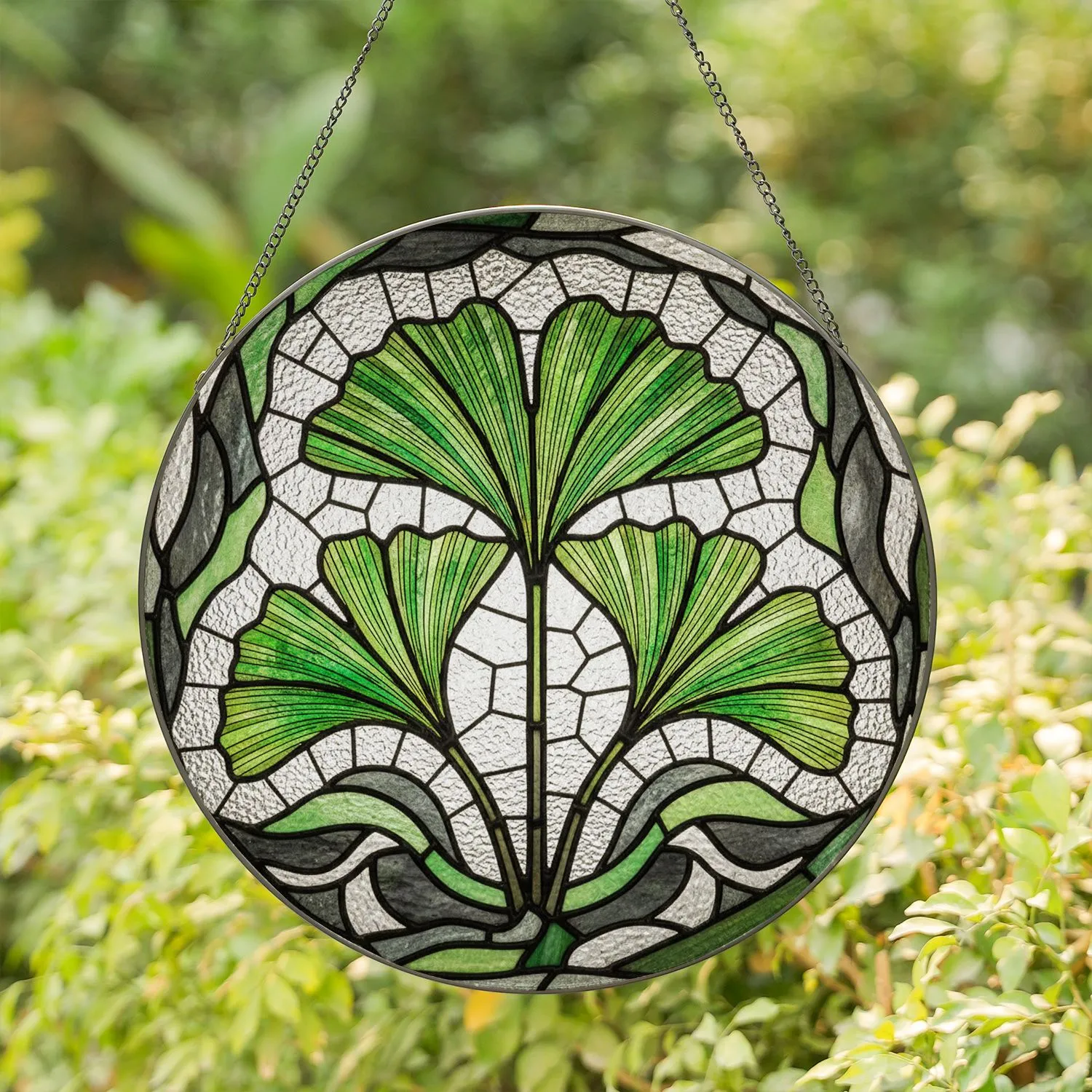 Highly Detailed Emerald Green Ginkgo Leaves Stained Glass Art - Tiffany Mosaic Decor Stained Glass Suncatcher - 1