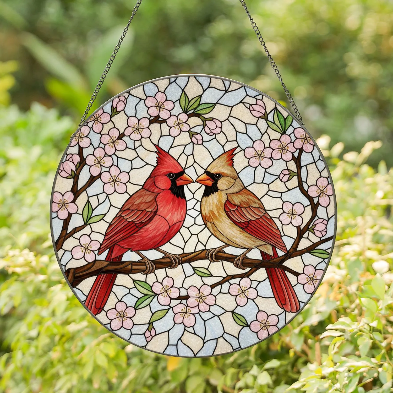 Intricate Glowing Cardinals Tree Branch Cherry Blossom Tiffany Stained Glass Mosaic Art Stained Glass Suncatcher - 1
