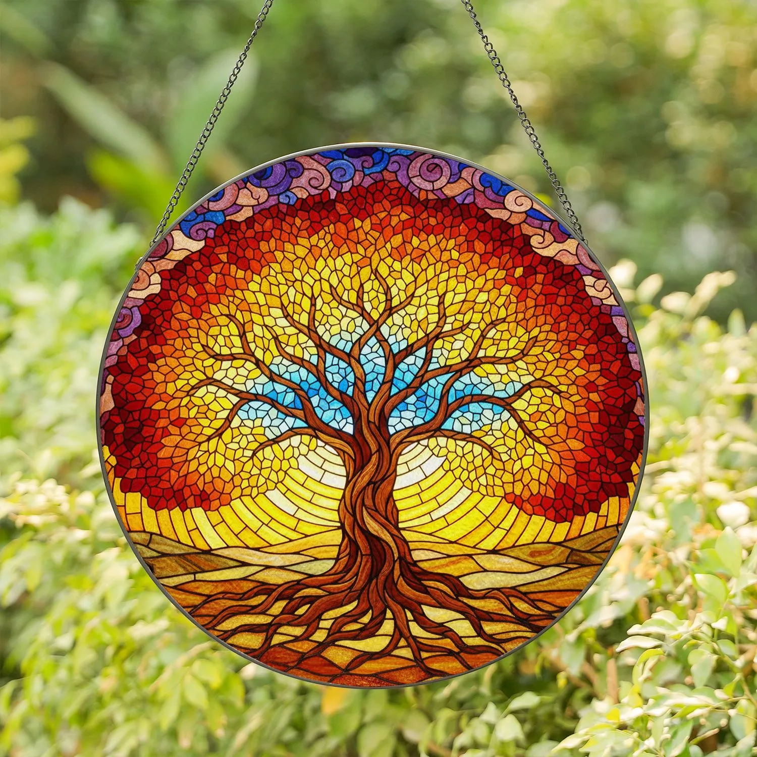 Tree of Life Stained Glass Sunset Sky - Tiffany Style Jewel Tone Colorful Intricate Art Stained Glass Suncatcher - 1