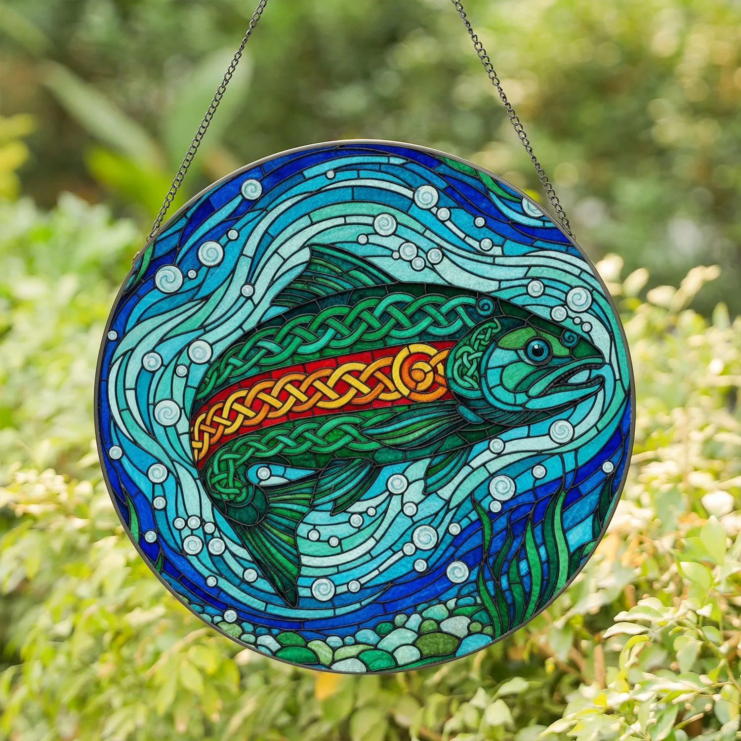 Celtic Knotwork Salmon Trout Fish Stained Glass Art - Underwater River Jewel Tone Mosaic Stained Glass Suncatcher - 1