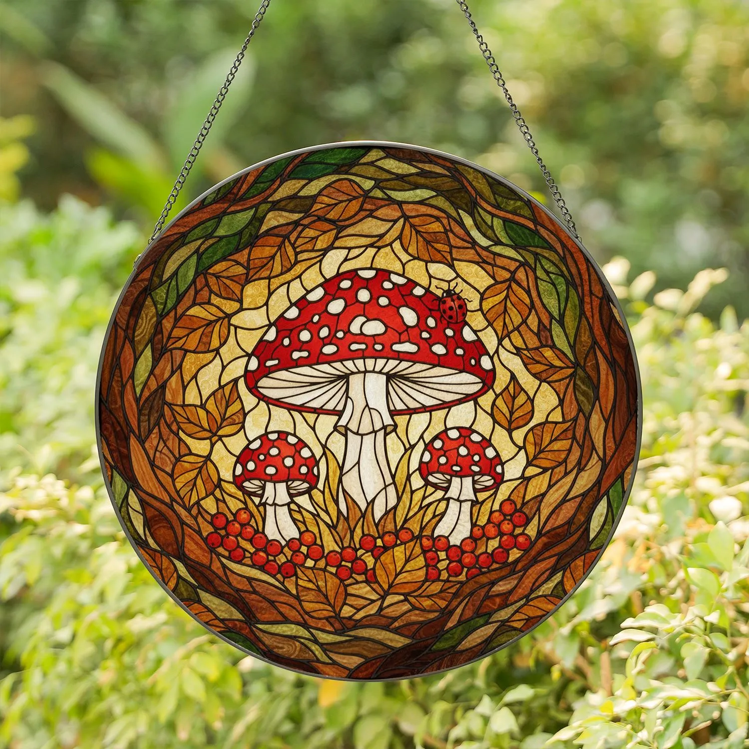 Toadstool Mushroom Ladybug Stained Glass Woodland Floor Red Berries Autumn Leaves Home Decor Stained Glass Suncatcher - 1
