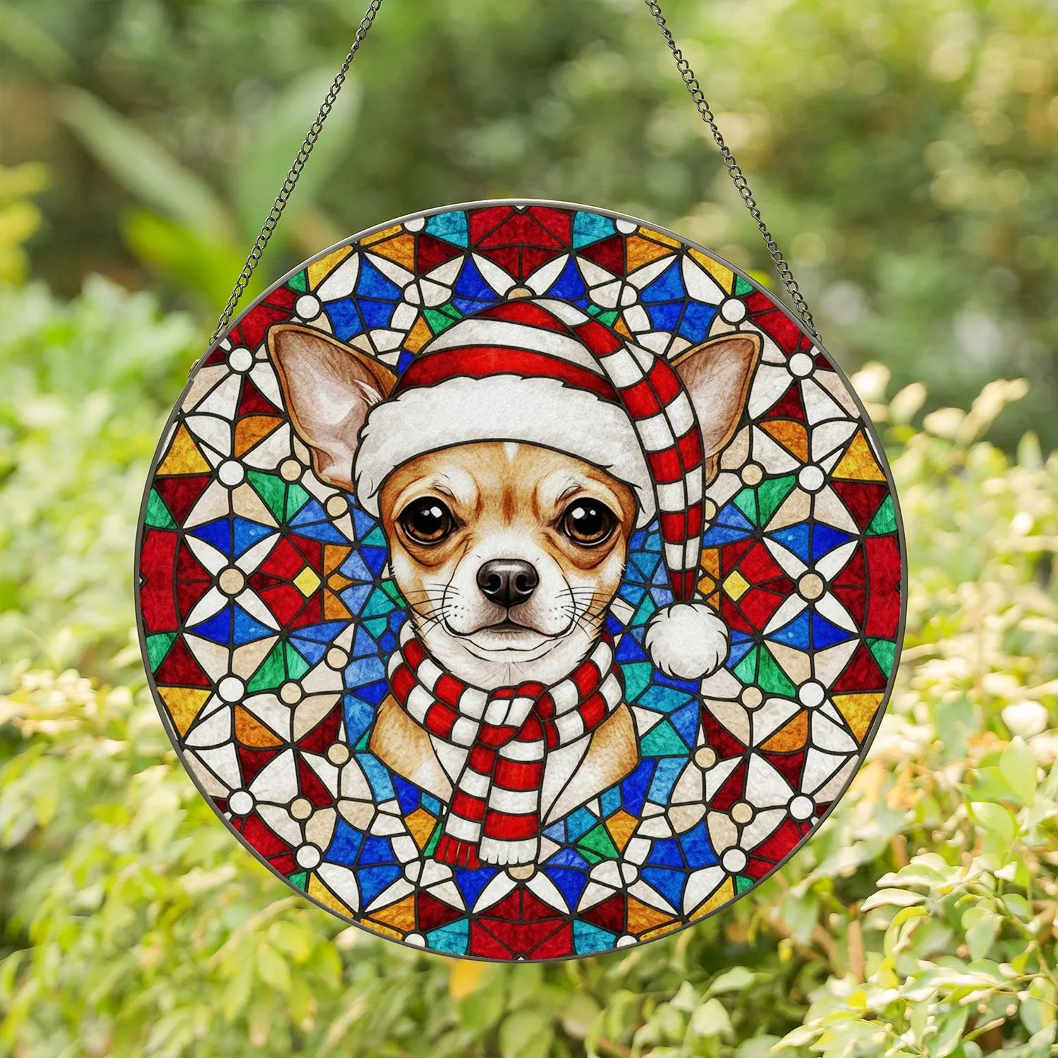Chihuahua Dog Santa Hat Red Scarf Stained Glass Geometric Mosaic - Christmas Holiday Gift Stained Glass Suncatcher - 1