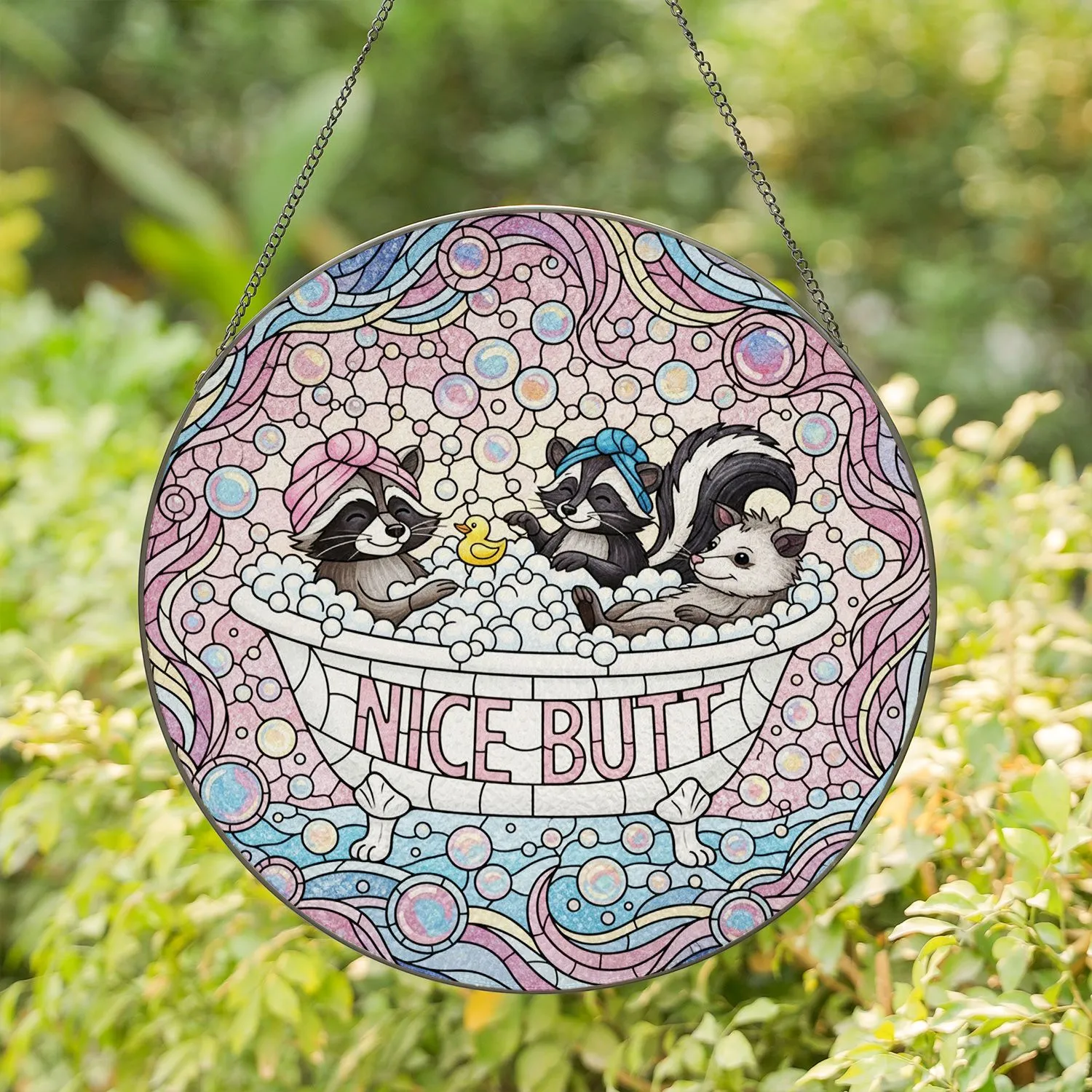 Raccoon Skunk Opossum Bathtub "NICE BUTT" Tiffany Glass Animal Humor Bathroom Relax Gift Stained Glass Suncatcher - 1