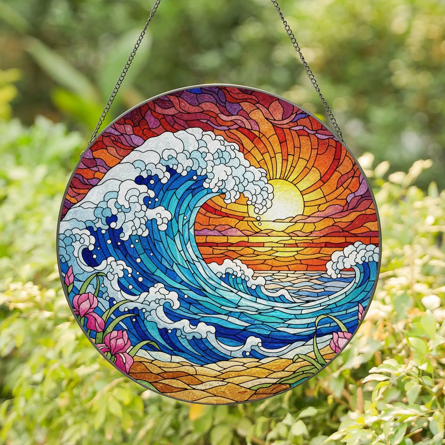 Detailed Tiffany Stained Glass Ocean Wave Sunrise Sunset Jewel Tones Beach Floral Art Stained Glass Suncatcher - 1