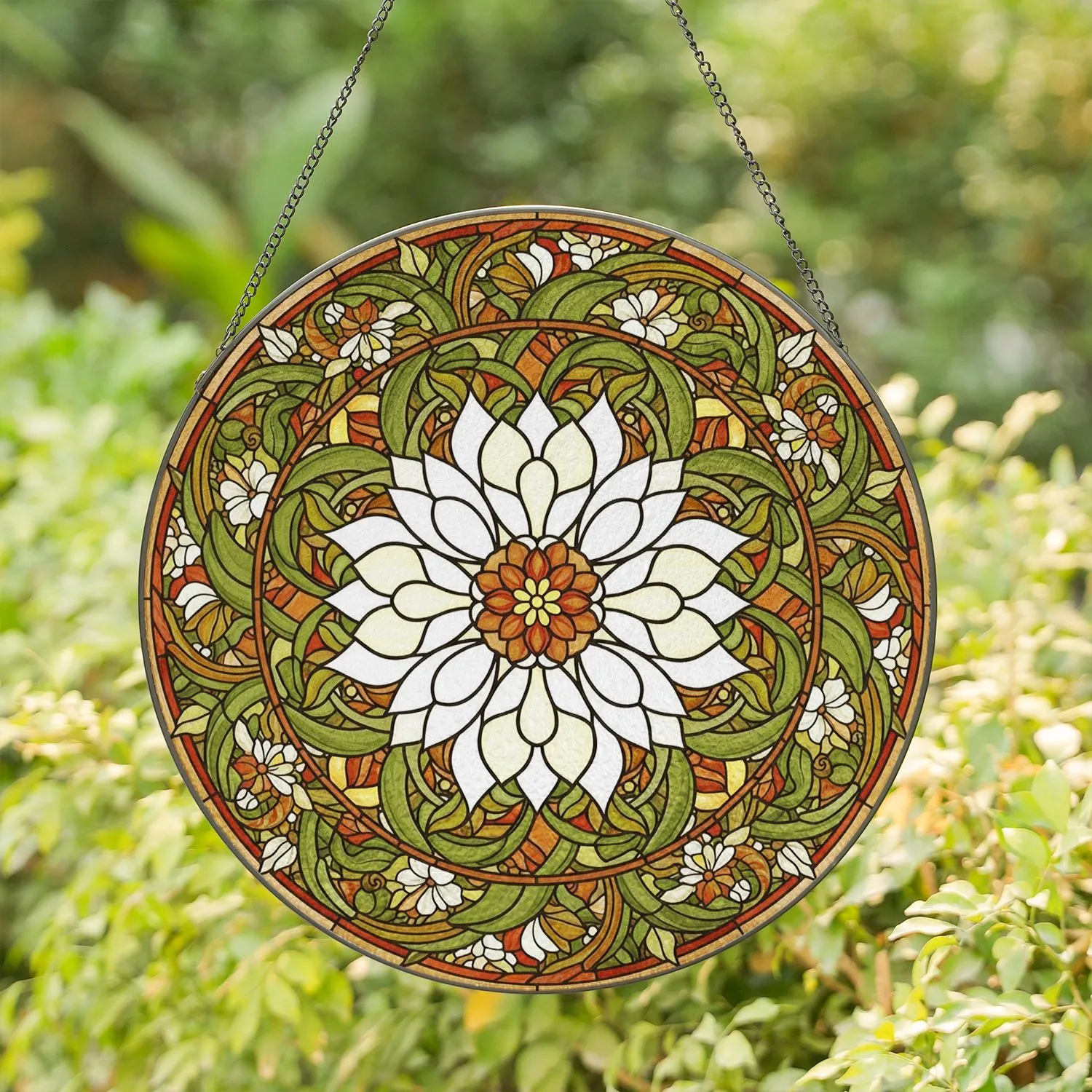 Colorful Stained Glass White Flower Medallion with Botanical Leaves & Tiffany Style Art Stained Glass Suncatcher - 1
