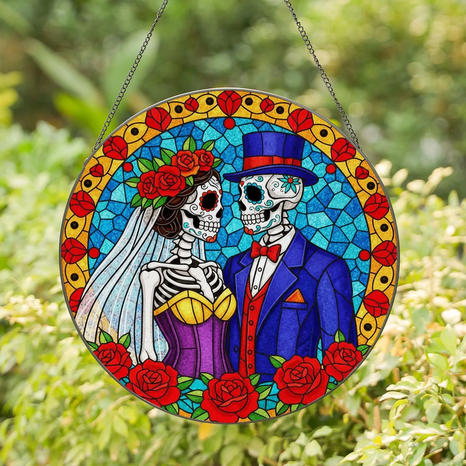 Skeletal Bride Groom Sugar Skull Couple Rose Mosaic Stained Glass Tiffany Art Stained Glass Suncatcher - 1