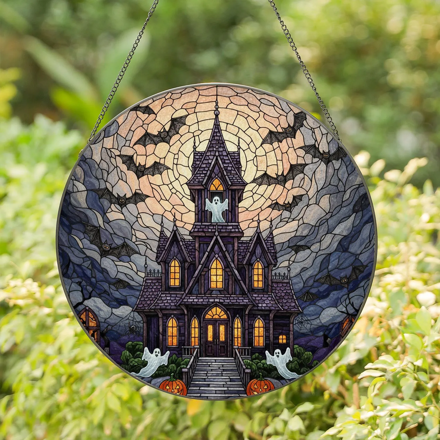 Gothic Haunted Mansion Stained Glass Bats Ghosts Jack-o'-lanterns - Spooky Halloween Decor Stained Glass Suncatcher - 1