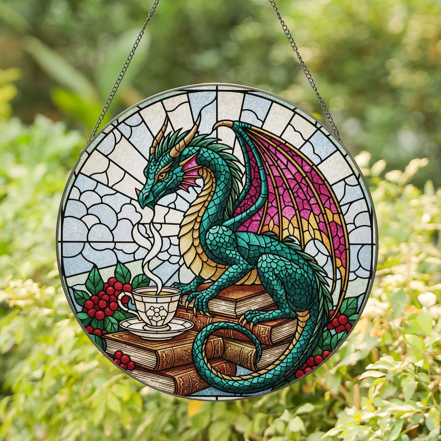 Majestic Fantasy Dragon Book Stack Teacup Red Berries Green Leaves Stained Glass Radiant Sky Stained Glass Suncatcher - 1