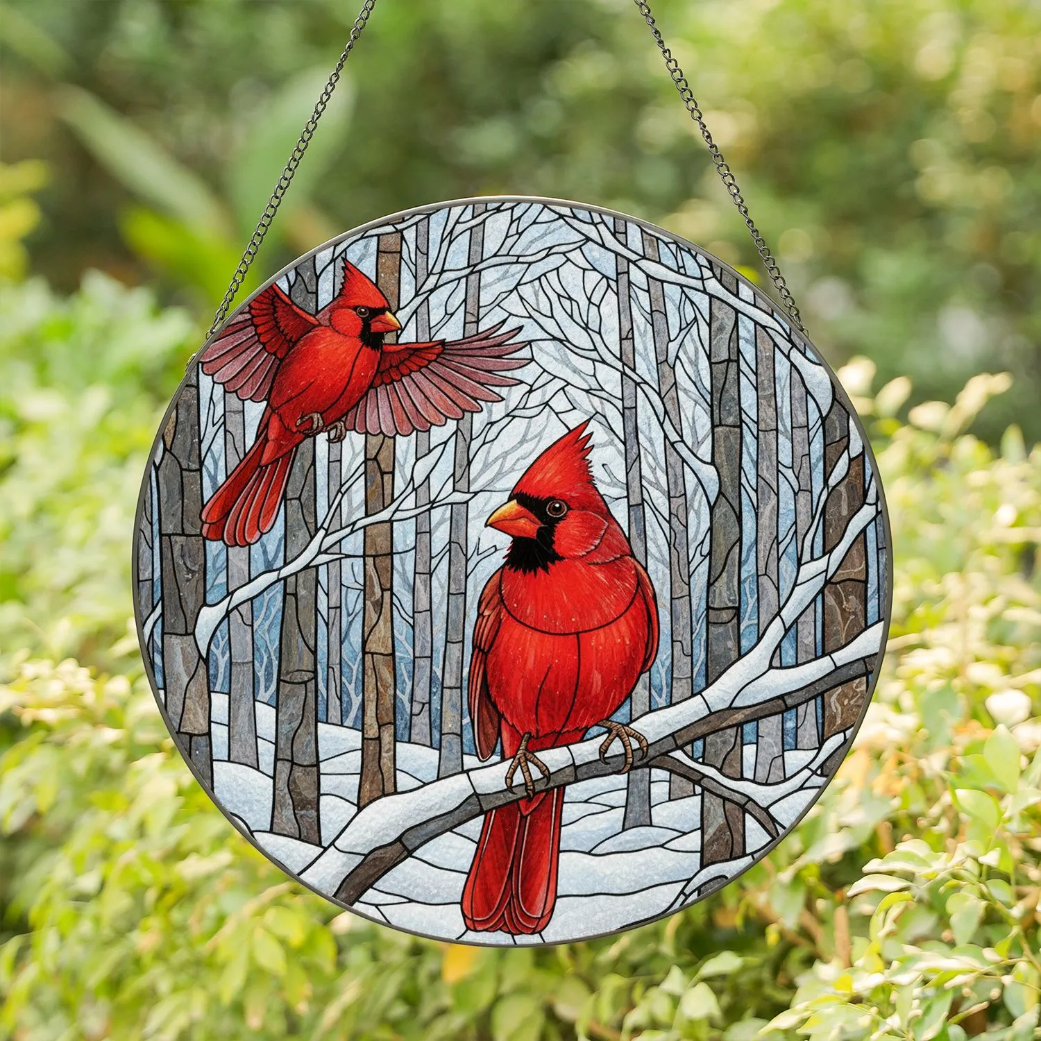 Stained Glass Male Cardinal Soaring Bird Winter Forest Tiffany Art Jewel Tone Decor Stained Glass Suncatcher - 1