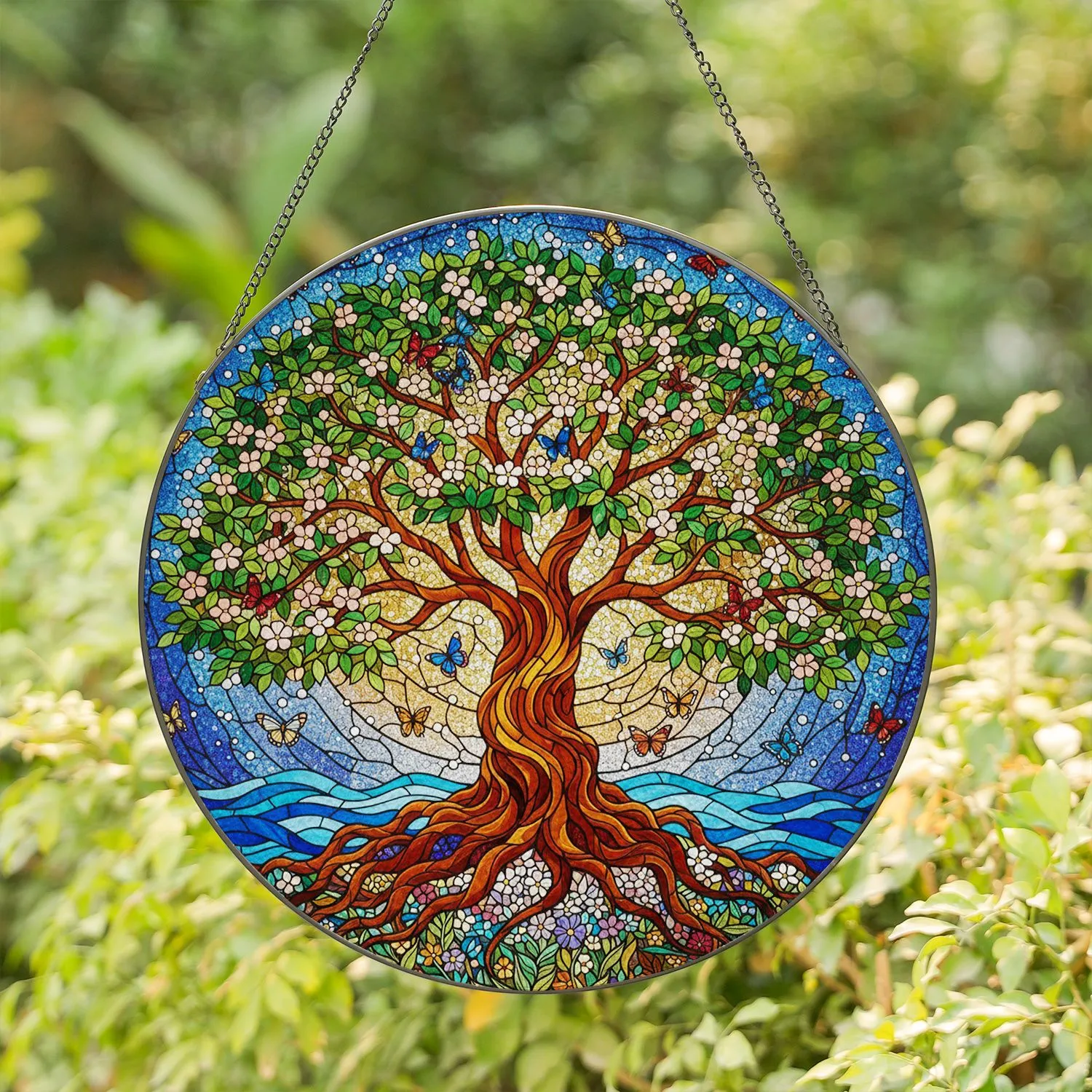 Tree of Life Stained Glass Butterflies Mosaic Sky Water Tiffany Style Window Art Stained Glass Suncatcher - 1