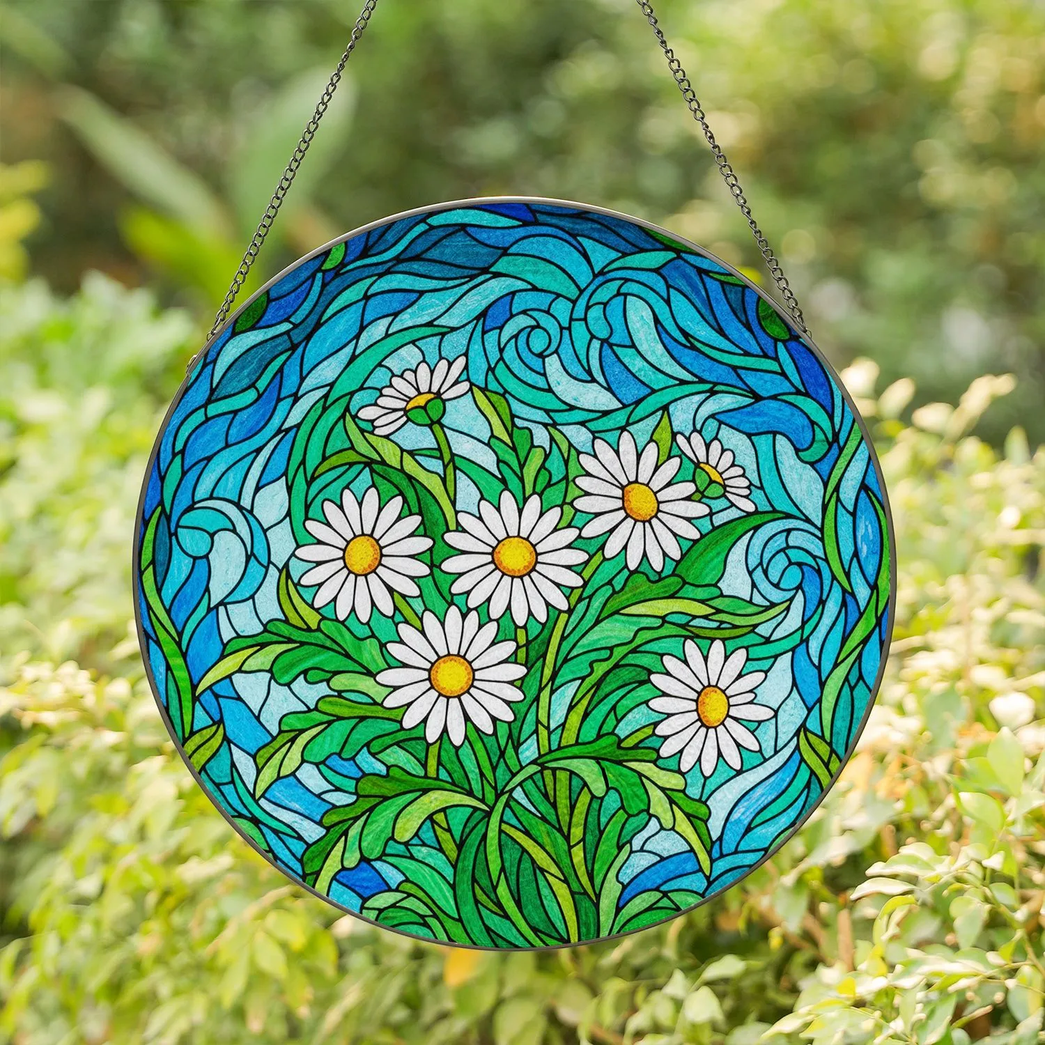 White Daisies Stained Glass Mosaic Suncatcher - Tiffany Style Floral Window Art Gift Stained Glass Suncatcher - 1