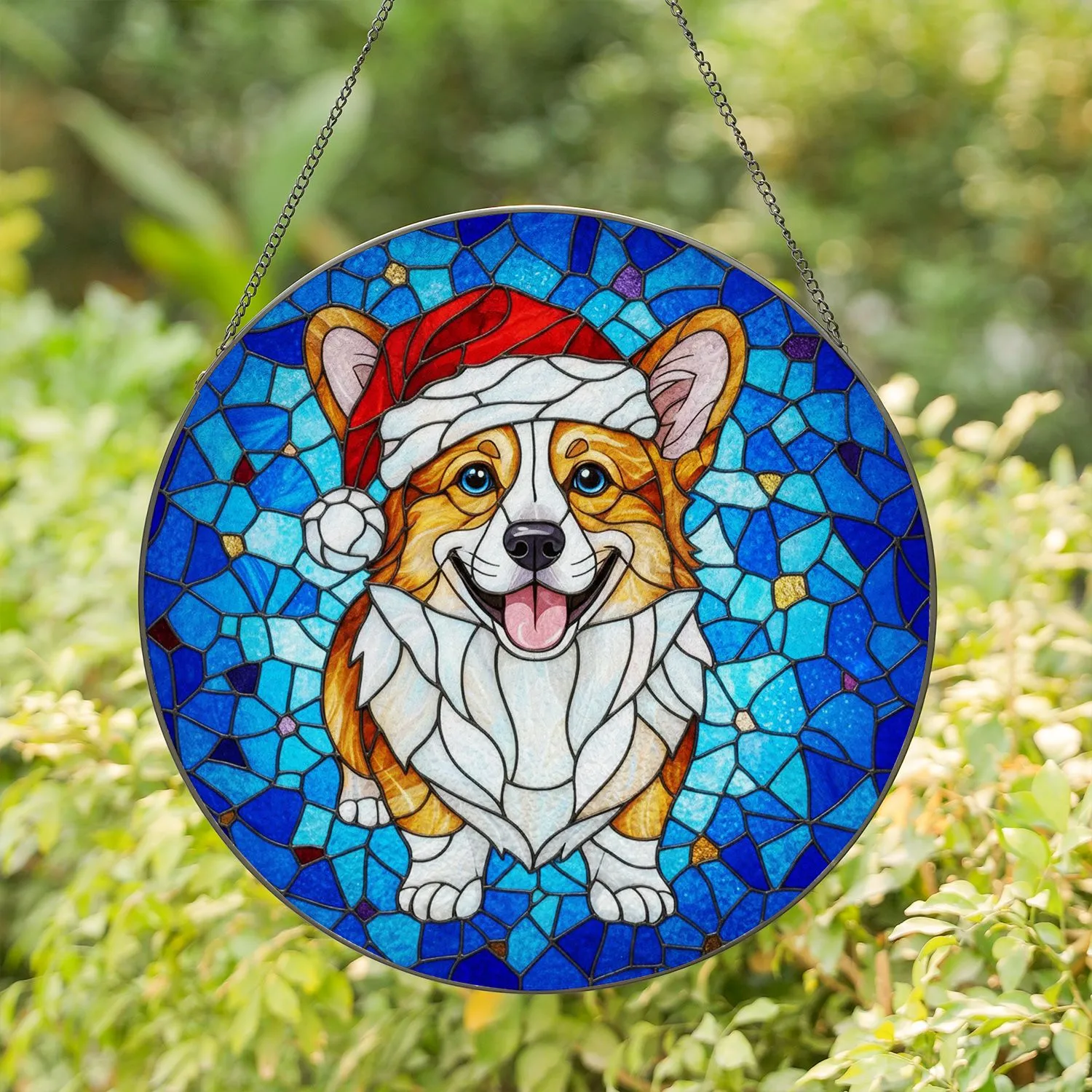 Corgi Dog Santa Hat Stained Glass Mosaic - Tiffany Style Christmas Holiday Gift for Dog Lovers Stained Glass Suncatcher - 1