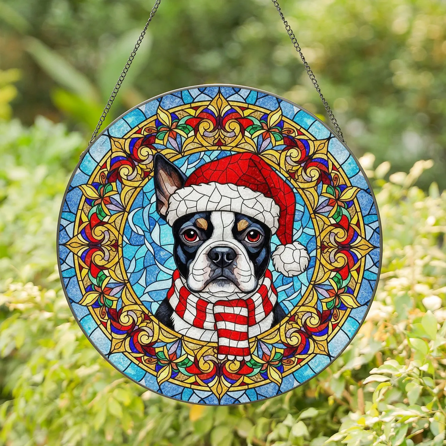 Boston Terrier Dog Santa Hat Scarf Stained Glass Jewel Tone Art - Christmas Dog Lover Gift Stained Glass Suncatcher - 1