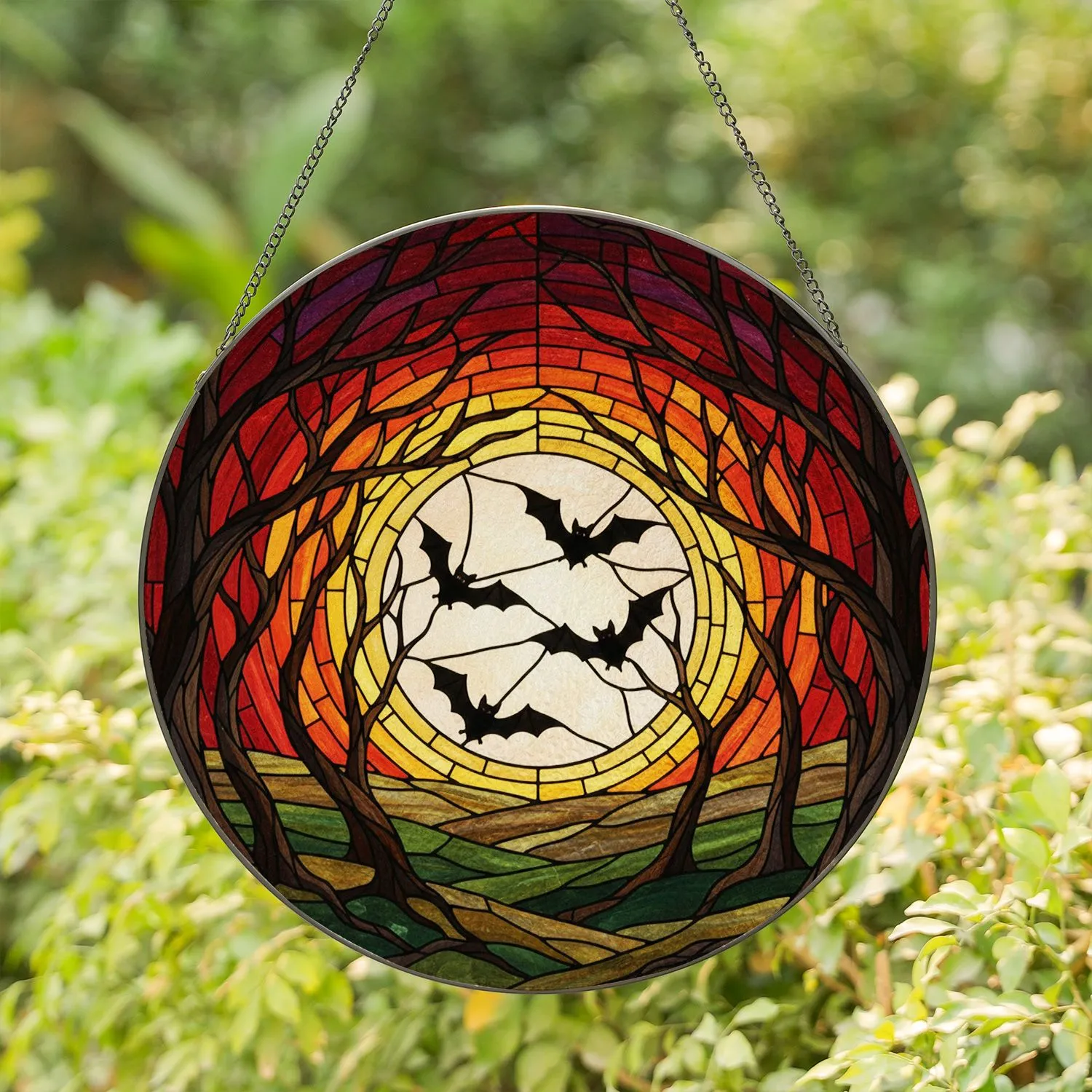 Black Bat Full Moon Forest Sunset Gnarled Trees - Tiffany Glass Mosaic Art Decor Stained Glass Suncatcher - 1