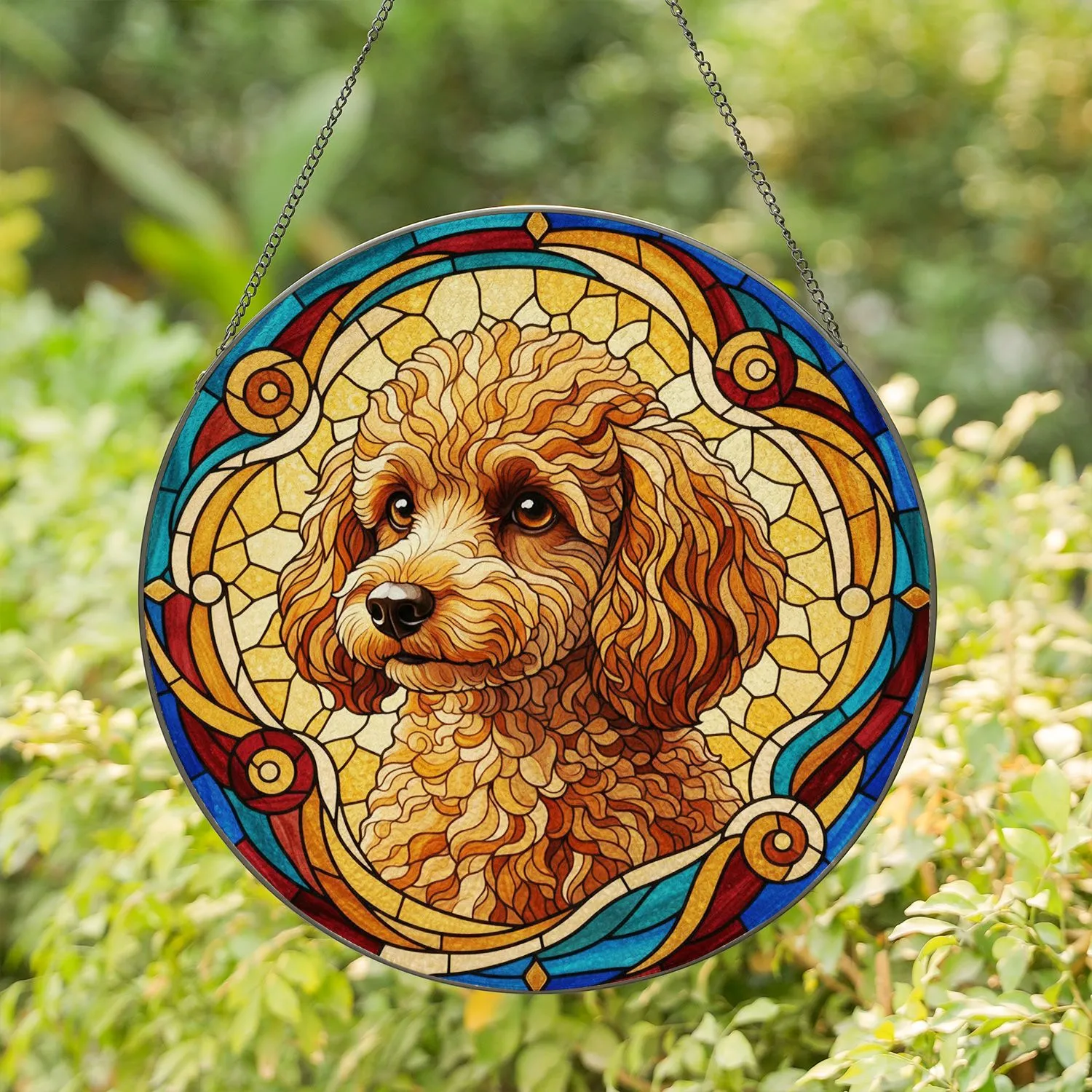Apricot Toy Poodle Stained Glass Design - Intricate Edge-to-Edge Tiffany Jewel Tone Mosaic Stained Glass Suncatcher - 1